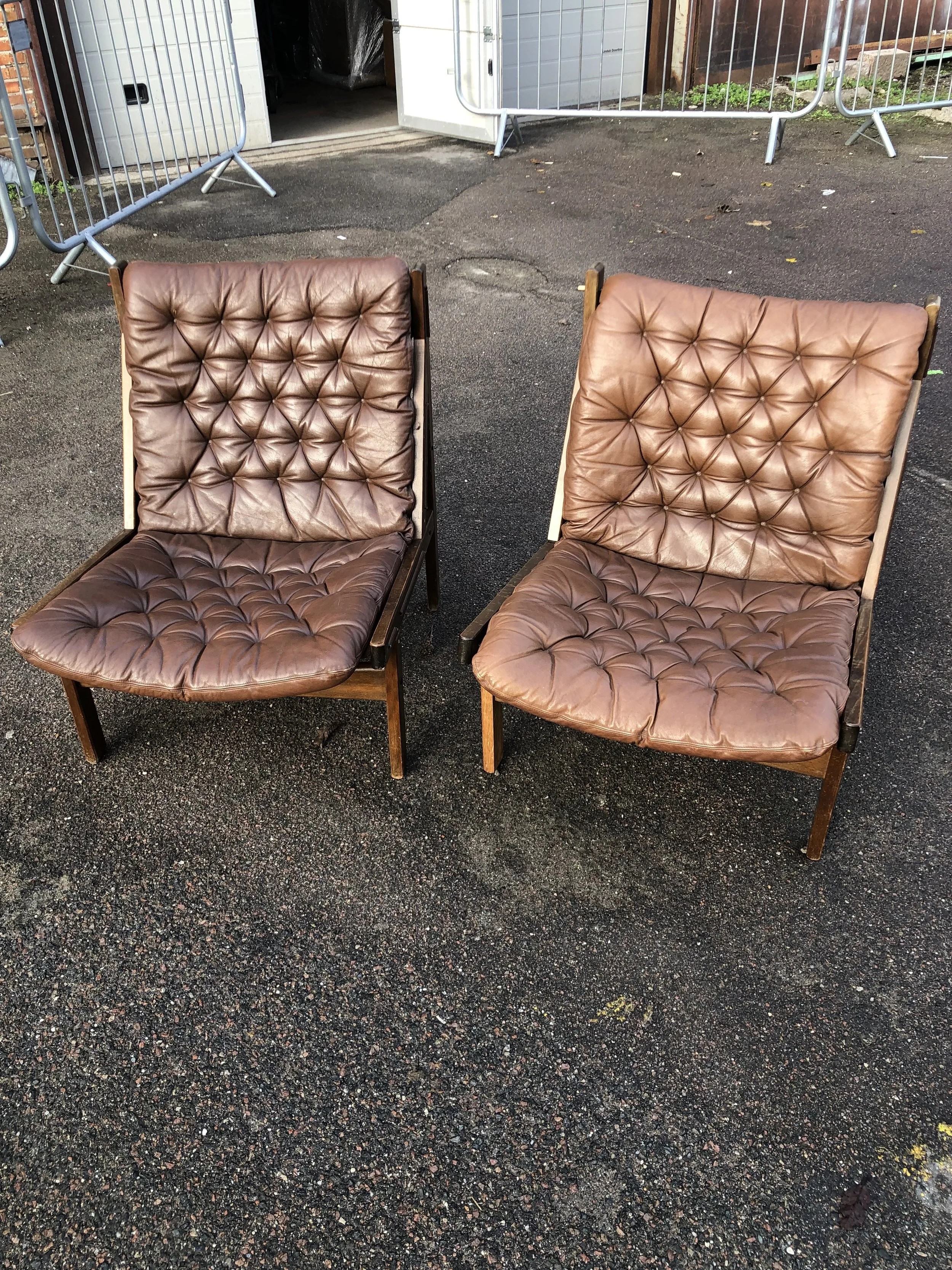 Rare 1960s Norwegian armless Hunter Chairs. Real buffalo leather. Matching pair
