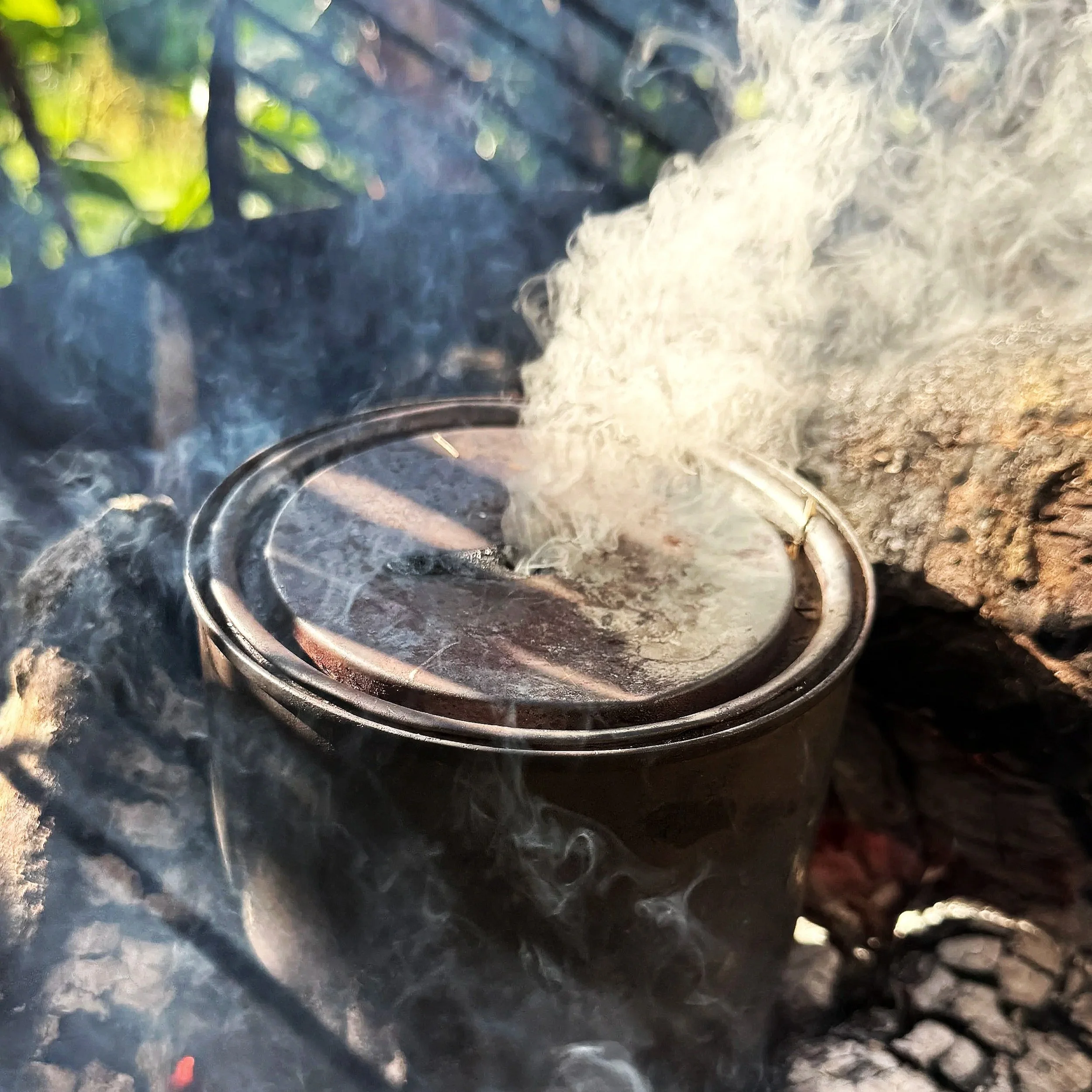 Bushcraft in the Lake District. A metal pot char tin with smoke coming out of a small hole while creating char cloth, placed in a fire, with green leafy plants and rocks in the background.