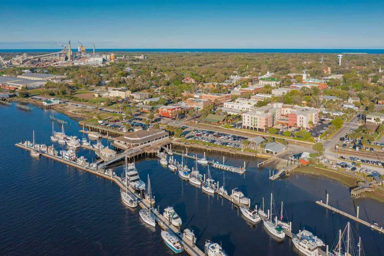 Aerial view of downtown Fernandina Beach and its waterfront