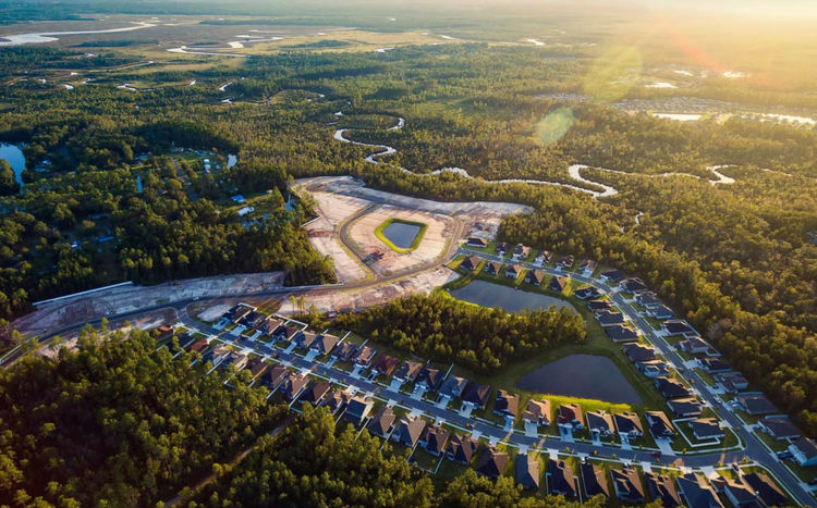 Aerial view of a Yulee neighborhood and surrounding landscape