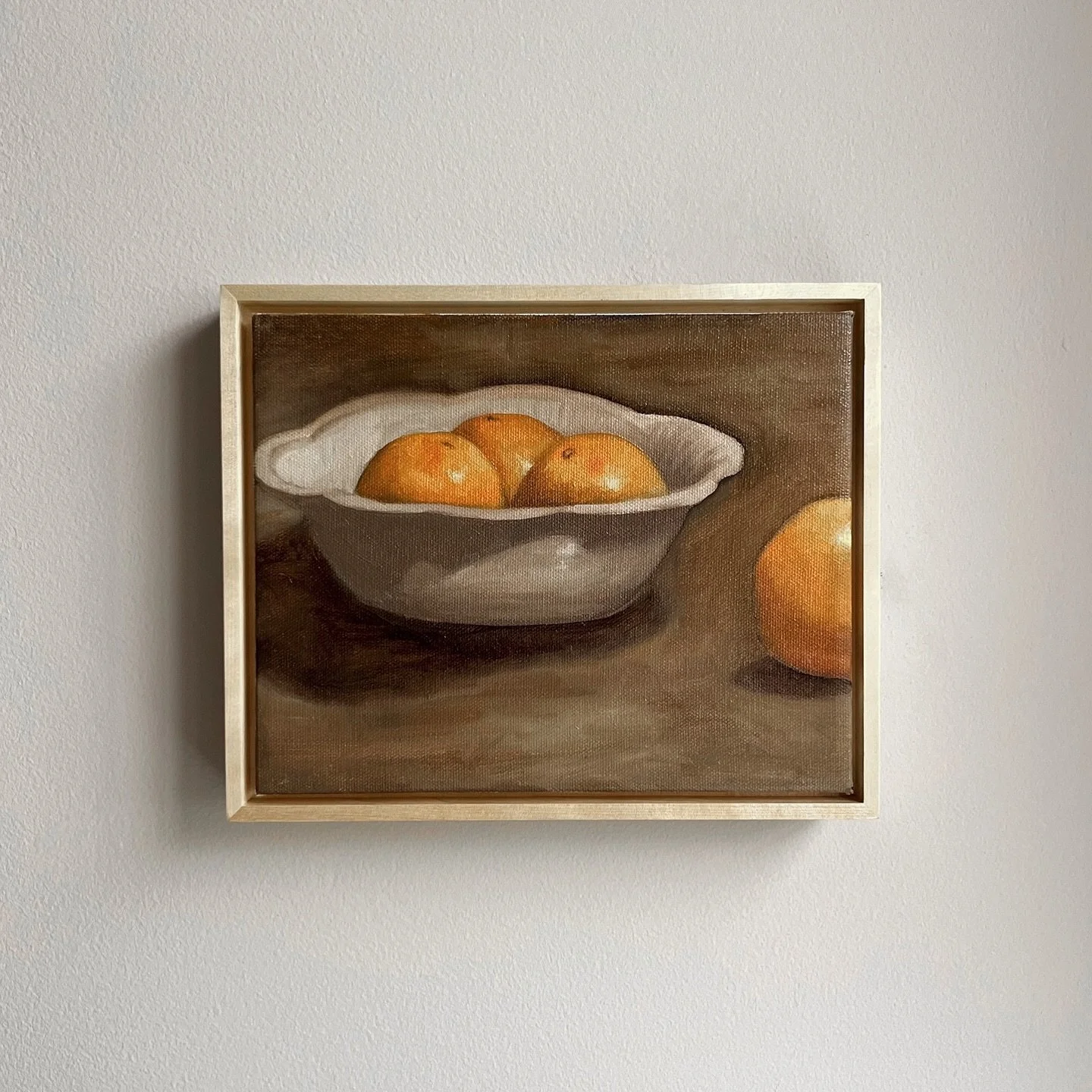 &ldquo;Orange Study&rdquo;
8&rdquo; x 10&rdquo;
Oil on stretched cotton canvas
Framed in a maple wood floater

Orange Study romanticizes the tucked-away corners of the kitchen. It&rsquo;s an element of the heart of the home. This piece is grounded, f