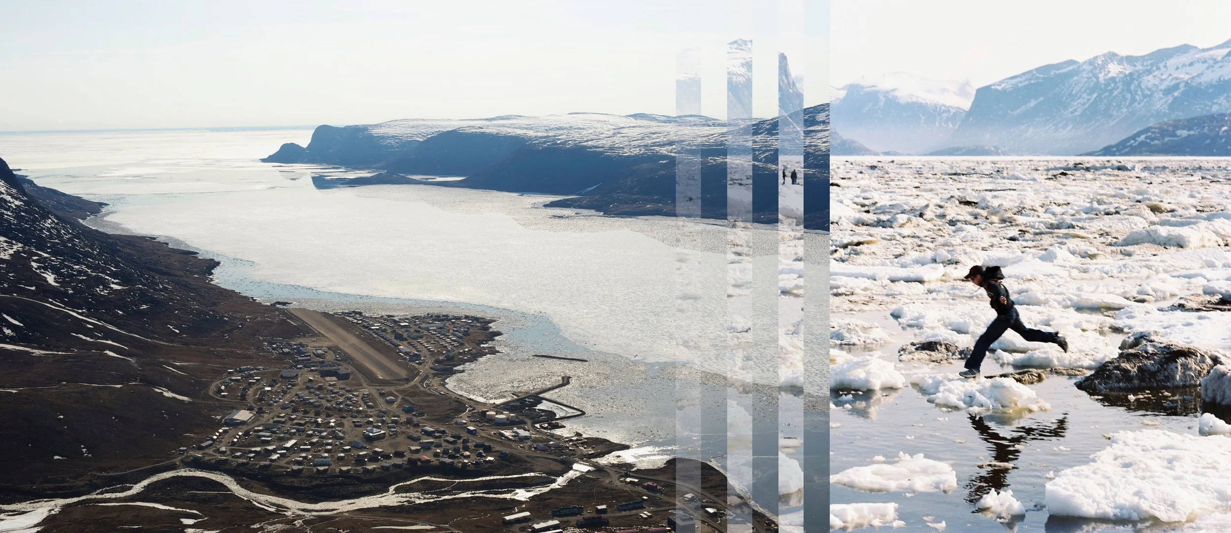 Fragile Arctic, Nunavut – Early one spring morning in Pangnirtung, Nunavut, children laughed in Inuktitut, jumping on ice blocks in the thawing harbour. From Mt. Duval, I captured the landscape, where ice flows blend with ocean views. This moment sym