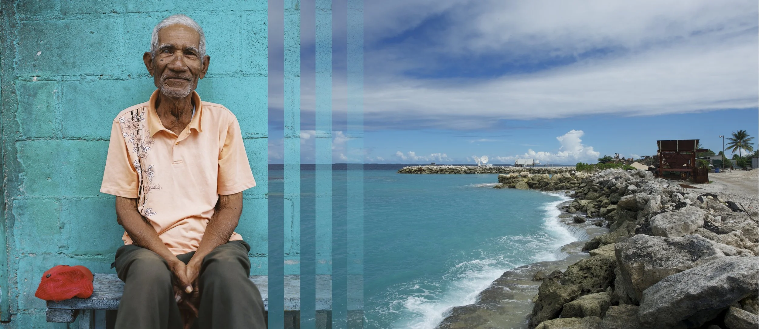 Blind Future – In the Marshall Islands, rising sea levels threaten communities and reshape landscapes. During a photo walk, we found a blind elder resting against a turquoise seawall, escaping the sun’s heat. His peach shirt and red hat contrast beau
