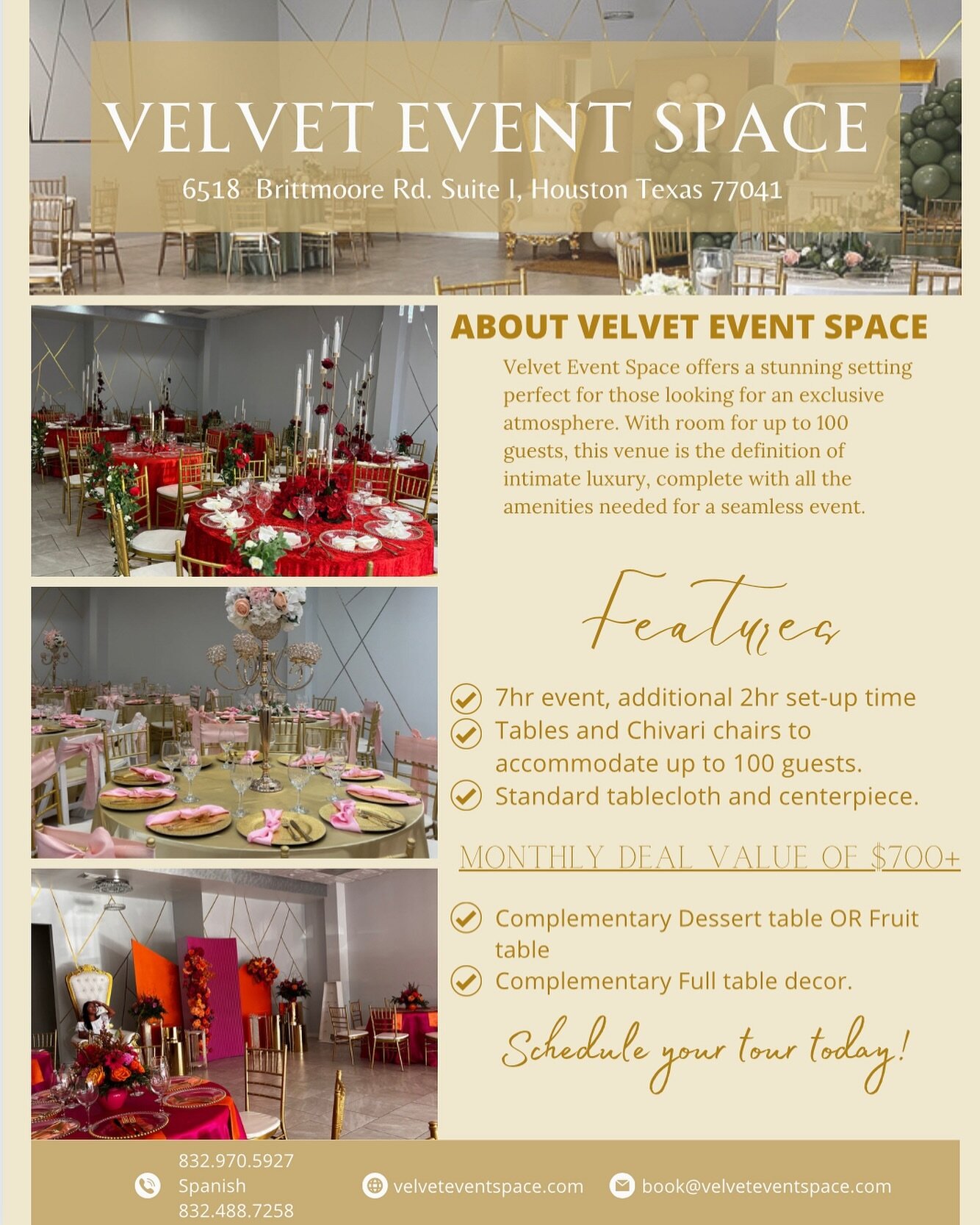 Looking for the perfect venue to host your next event? Our velvet event space is the epitome of style and class, ensuring an unforgettable experience for you and your guests. 

Velvet Event Space includes: 
- 7hr events 
- Tables and Chiavari chairs
