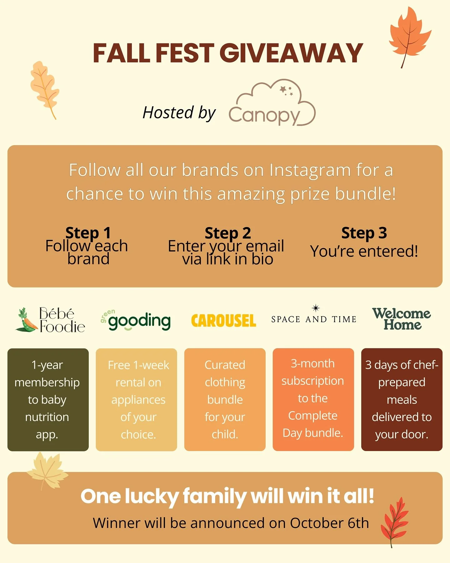 Fall Fest GIVEAWAY 🎉
⠀
🙌  Enter for a chance to win this fantastic bundle:
&bull; 1-year membership to B&eacute;b&eacute; Foodie&rsquo;s baby nutrition app @bebefoodie_ 
&bull; Free 1-week rental on appliances of your choice from @greengoodingnyc 
