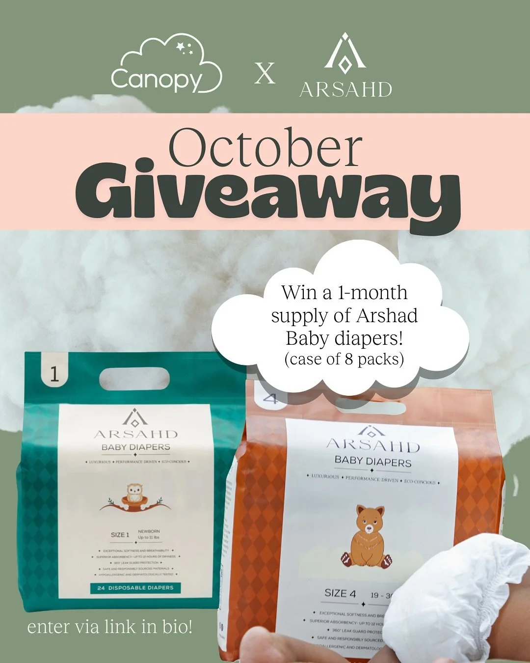 October GIVEAWAY with @arsahd.baby - The Canopy&rsquo;s exclusive diaper partner! 🎉
Win a 1-month supply of diapers (case of 8 packs). Perfect timing for spooky-season blowouts. 👻🍼
⠀
‼️ How to enter:
1. Submit your email via the KingSumo link in b