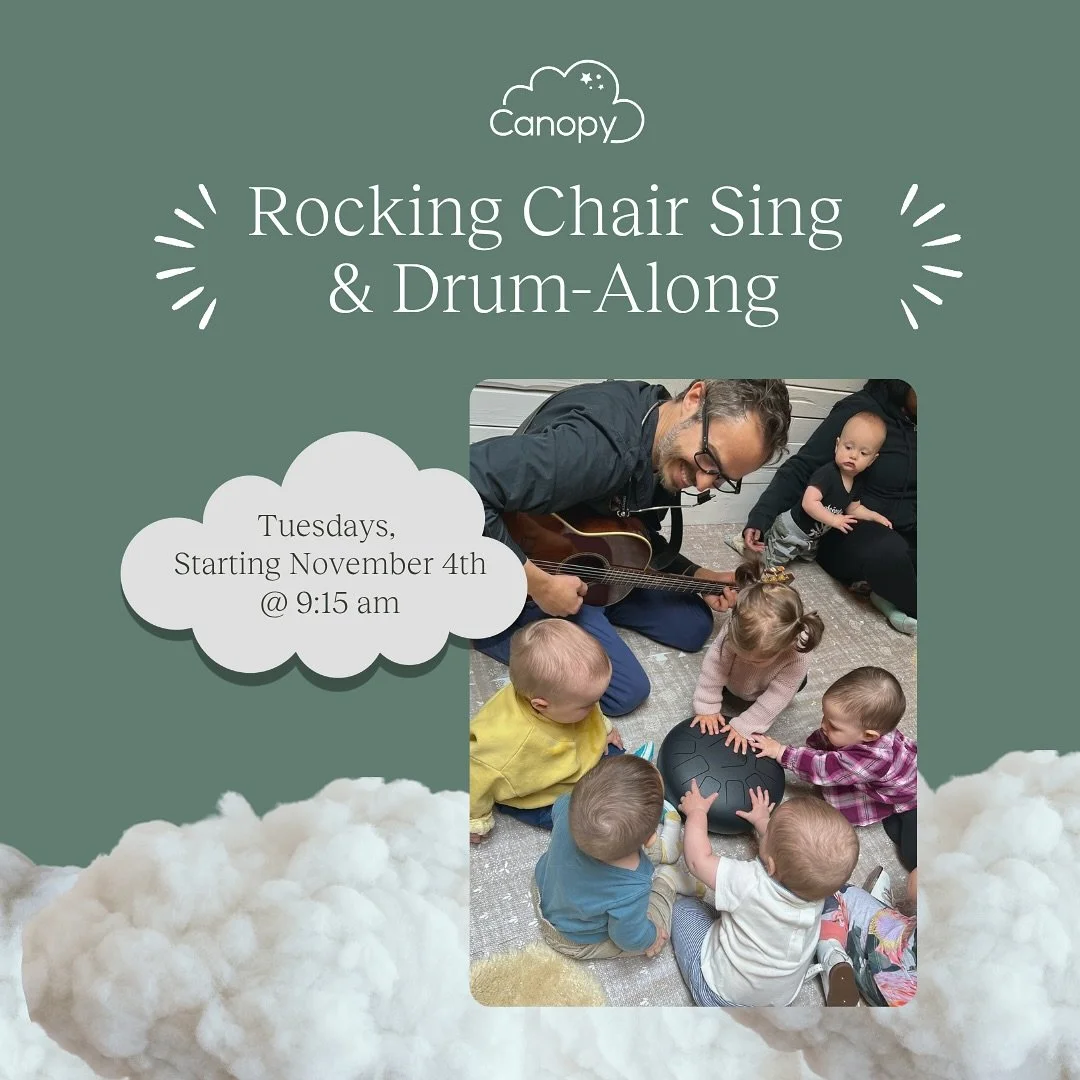New class alert 🎶 Rocking Chair Sing &amp; Drum-Along with local musician (and dad) Greg Stare from @rockingchairmusic starts Nov 4th; then every Tuesday at 9:15am 🙌
⠀
A hands-on music class for babies &amp; toddlers: shakers, a tongue drum that si