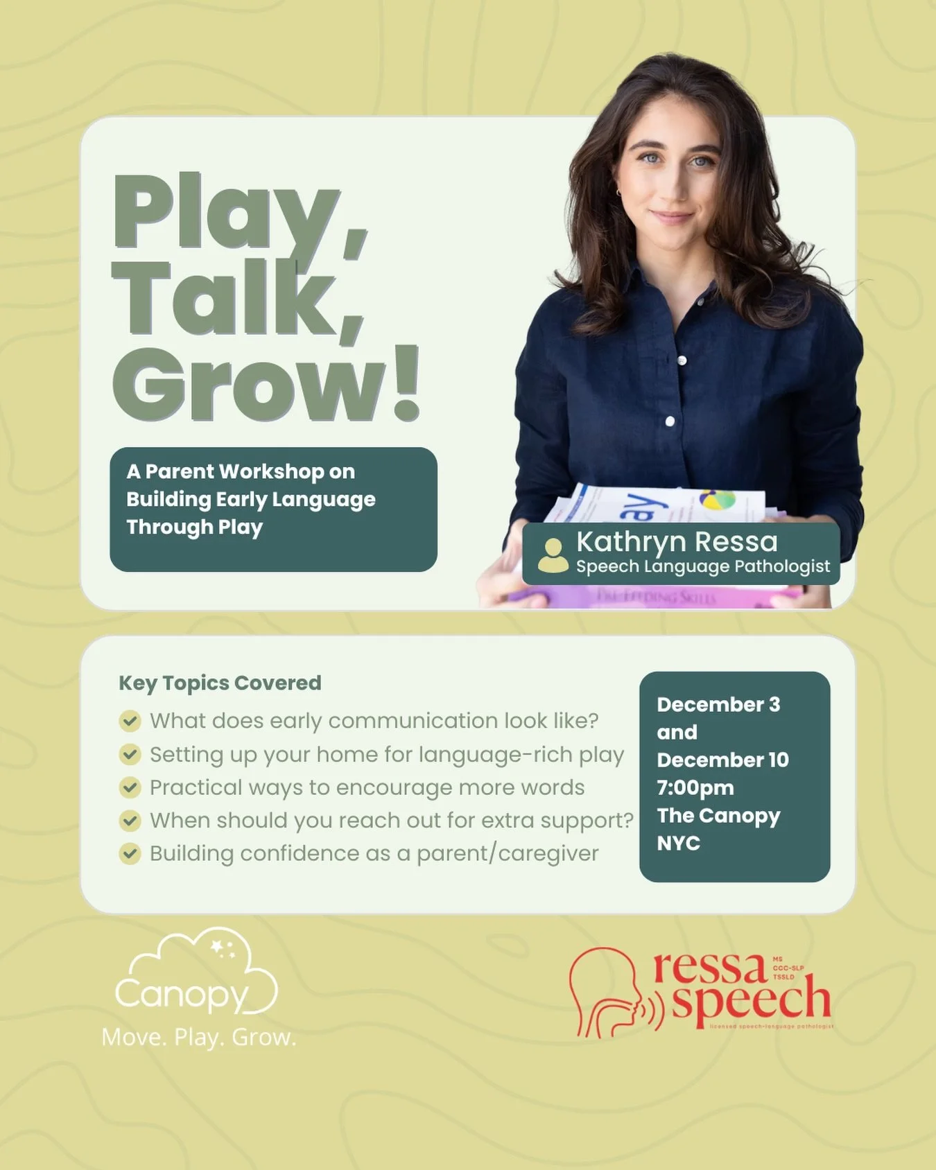 Play, Talk, Grow: Parent Workshop 🎈
⠀
Learn simple, meaningful ways to nurture your child&rsquo;s communication with Kathryn Ressa, pediatric SLP and founder of @ressaspeech Ressa Speech. We&rsquo;ll cover what to expect from babbling to first phras