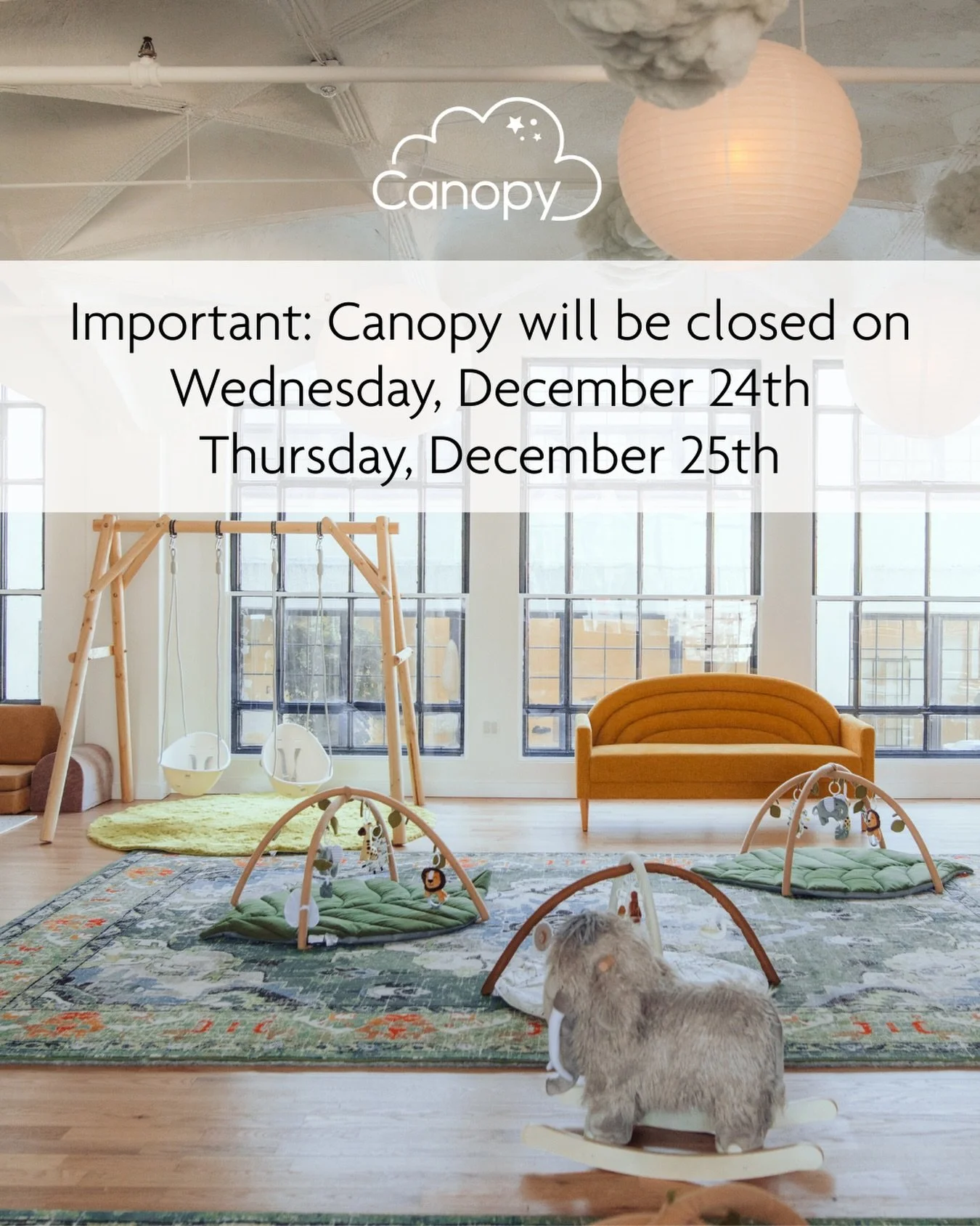 Holiday Hours 🎄
⠀
We&rsquo;ll be:
&bull; CLOSED Wed, Dec 24
&bull; CLOSED Thu, Dec 25
&bull; OPEN Fri, Dec 26 - 9am&ndash;6pm
⠀
Enjoy the cozy days, see you Friday at The Canopy! ✨