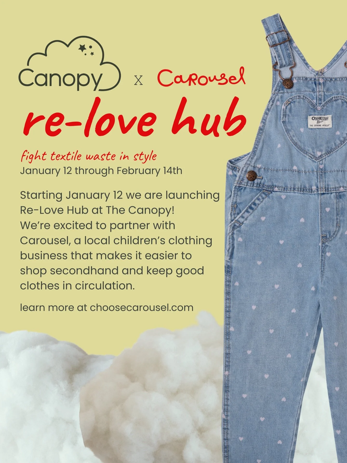 Outgrown clothes? Bring them by 🙌
You know the clothes your kid wore exactly twice? Starting Jan 12, you can bring them to Canopy!
⠀
We&rsquo;re excited to partner with @choosecarousel - a local children&rsquo;s clothing biz that makes it easier to 