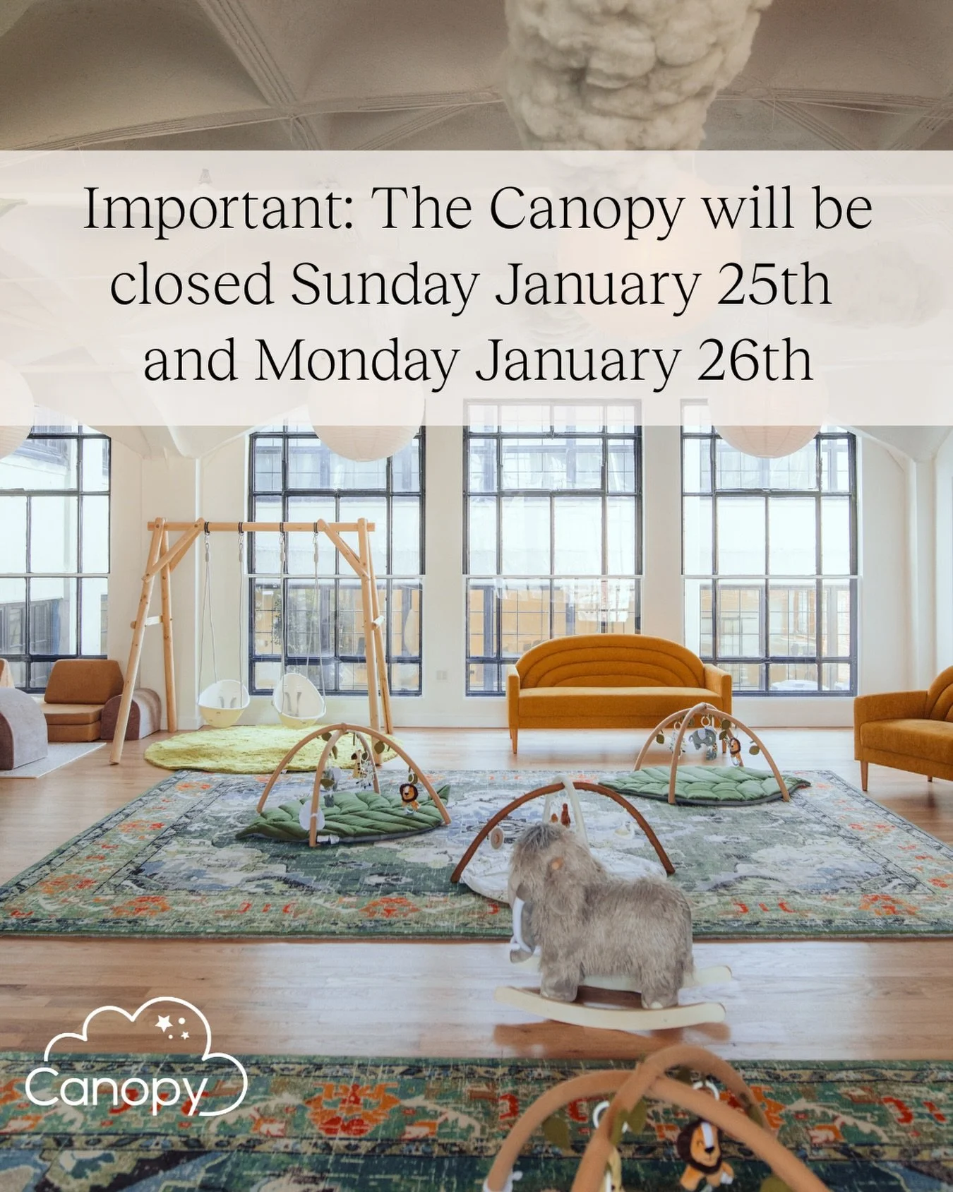 ‼️ Weather update ❄️
⠀
For the safety of our team and our families, The Canopy will be closed Sun, Jan 25 and Mon, Jan 26 due to the snowstorm and hazardous conditions.
⠀
We&rsquo;ll be back Tue, Jan 27, 9am&ndash;6pm for regular hours. Can&rsquo;t w