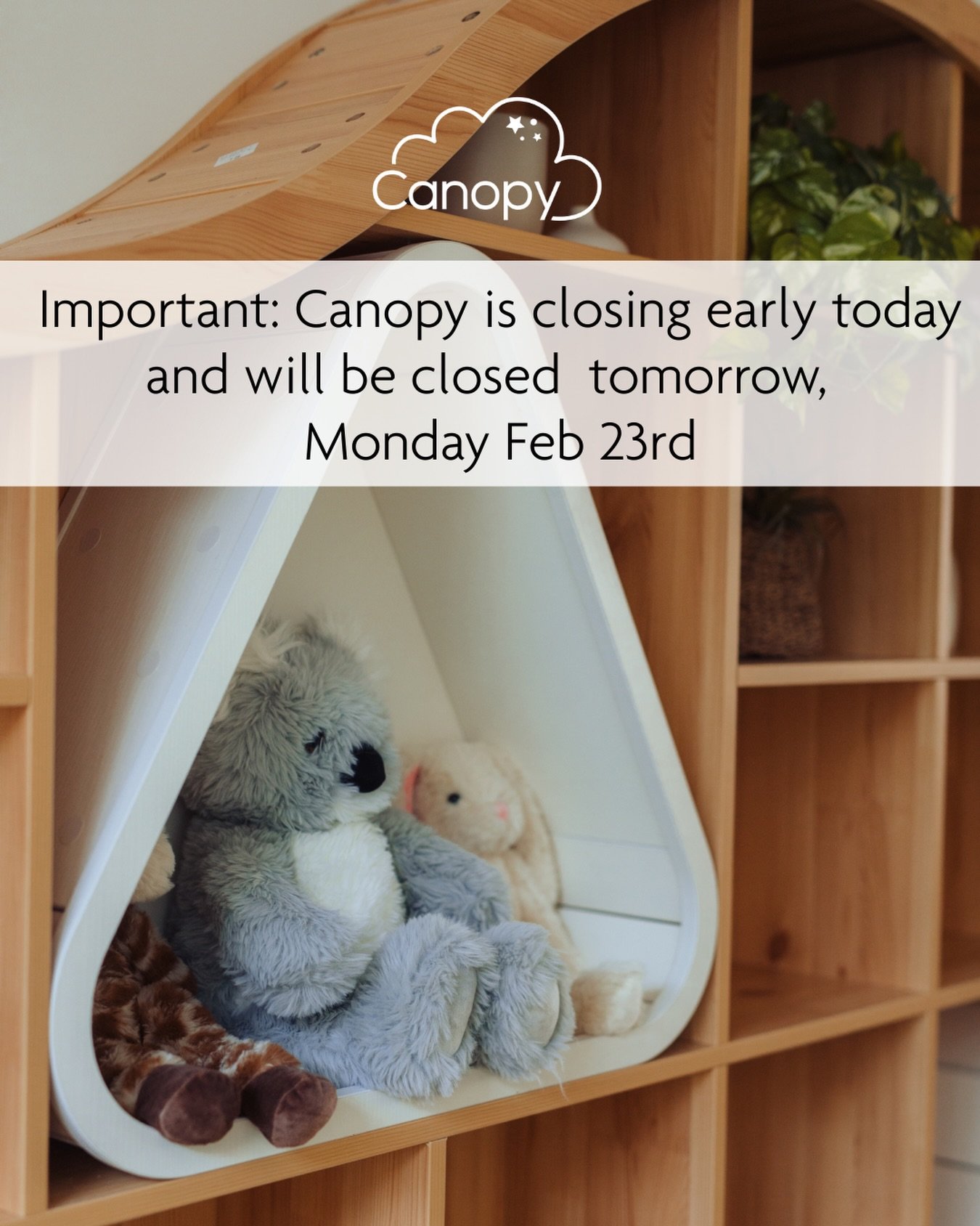 ‼️ Canopy is closing early today and will be closed tomorrow, Monday, February 23rd ❄️

With the snow in the forecast, we&rsquo;re pressing pause to keep our families and team safe. 🙌 
Stay cozy, enjoy the winter day, and we&rsquo;ll see you back in