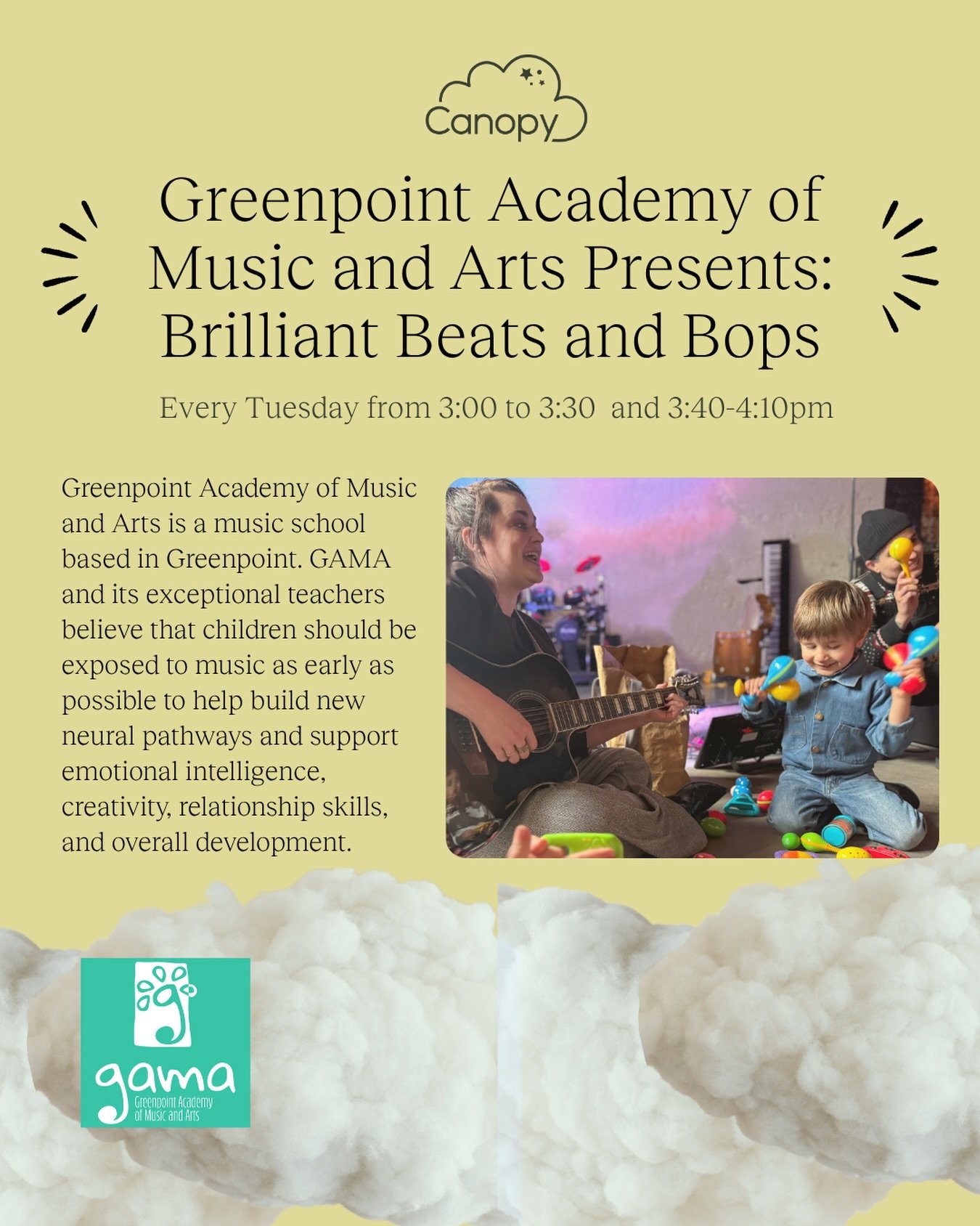 New class at The Canopy 🎶✨
⠀
We&rsquo;re so excited to welcome Brilliant Beats &amp; Bops by @learnatgama Greenpoint Academy of Music and Arts - a joyful music class designed for little ones to explore sound, rhythm, and creativity from an early age