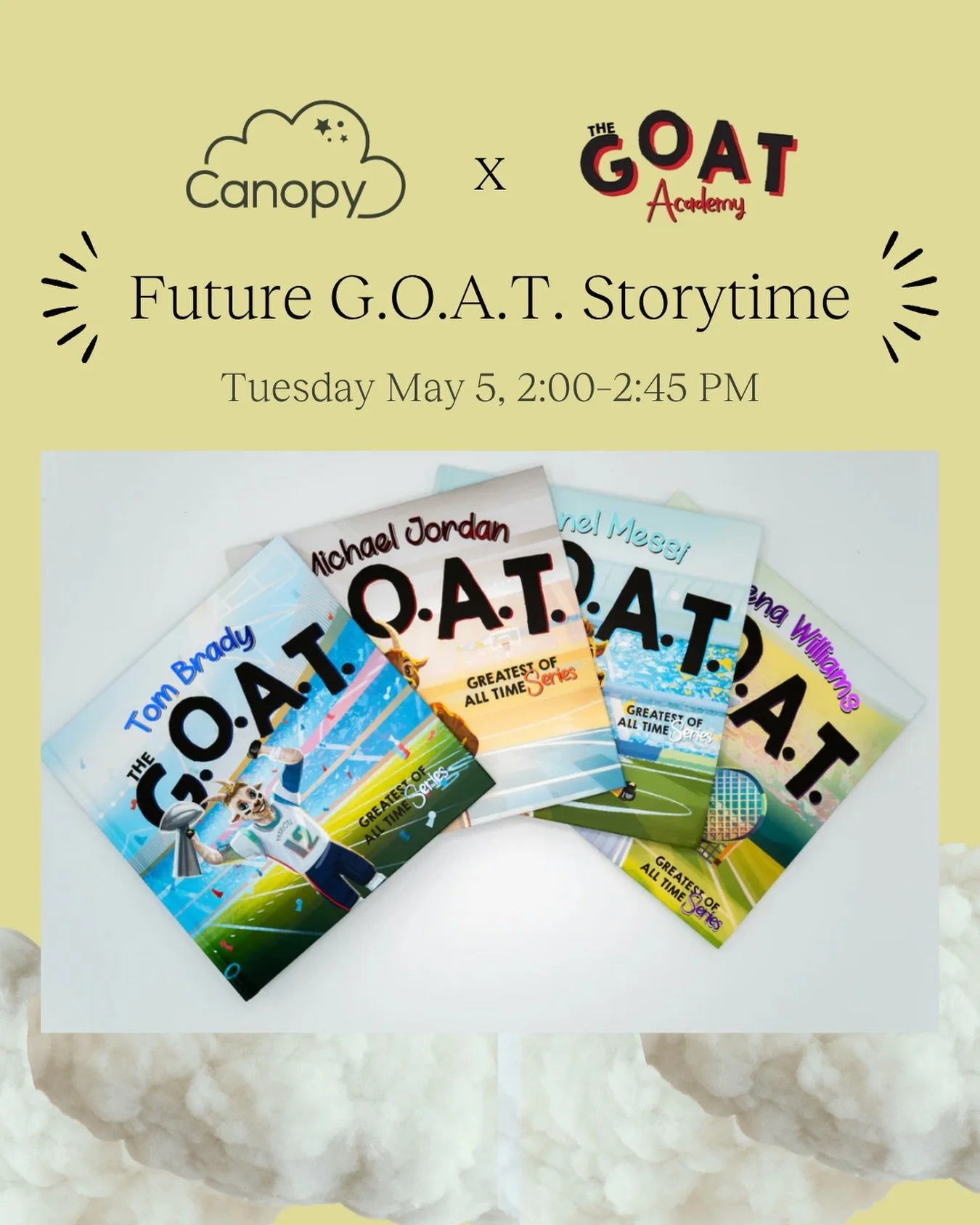 Join us at The Canopy for a special Future G.O.A.T. Storytime as part of our Mother&rsquo;s Day week of events 🤍
⠀
Founded by Steve Clair, @thegoatseries.kids brings the stories of iconic athletes to life through charming children&rsquo;s books - de