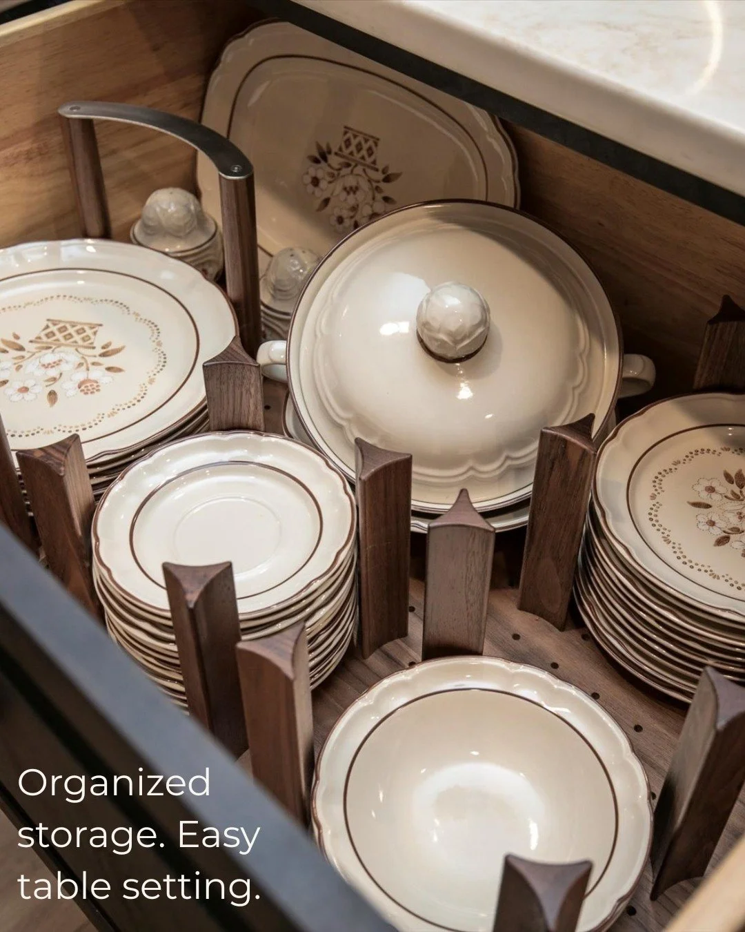 A place for everything starts with a plan. ✨

Swipe through three purposeful cabinet details:

🍽️ Organized dishes, with removable plate holders for easier table setting.

☕ A coffee and appliance station with pocket doors&mdash;open for easy access