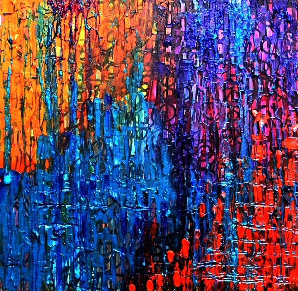 ACRYLIC ON STRETCHED CANVAS (36” x 36”)  SOLD  This work is extremely textured. I put over 15 tubes of paint into this painting. It has been drying for a long time. I’m pleased with the results, Unfortunately the camera didn’t do the artwork justice