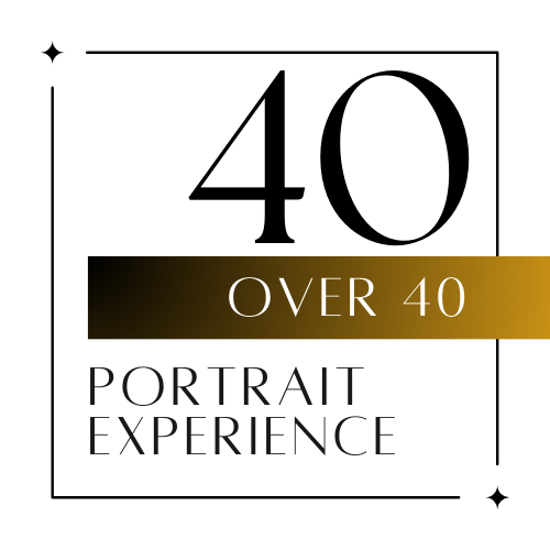 Black logo with gold accents displaying '40 Over 40 Portrait Experience' in large text.