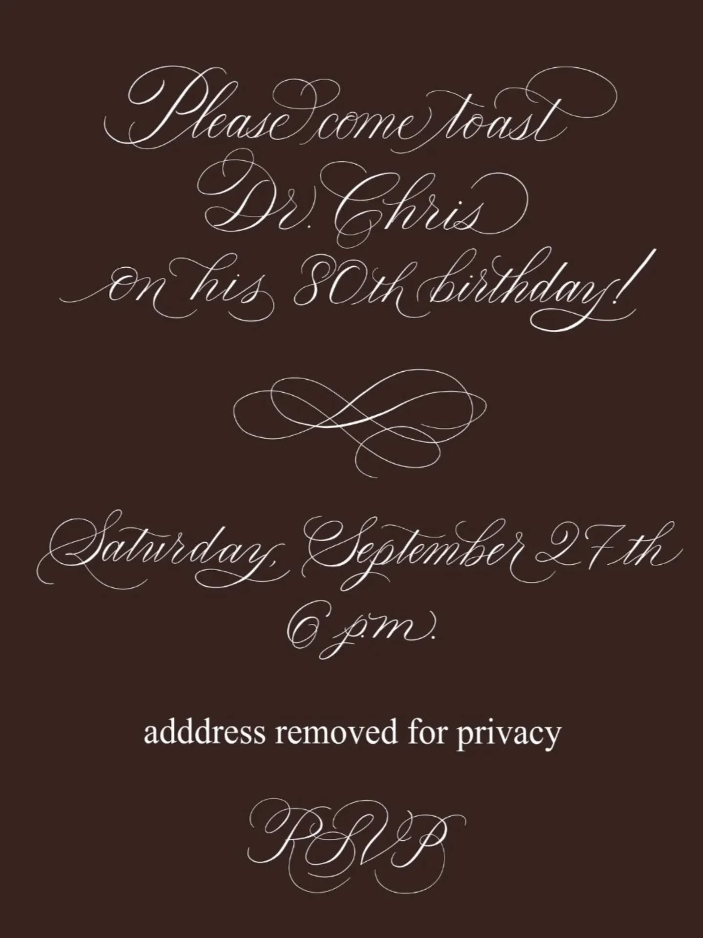 One of my favorites...
A recent digital invitation for a special birthday 🥳
I love creating these, and I love how easy it is for my clients to send to friends and family.
Send me an email to get started on your own evite!
#jennifercalligrapher #w