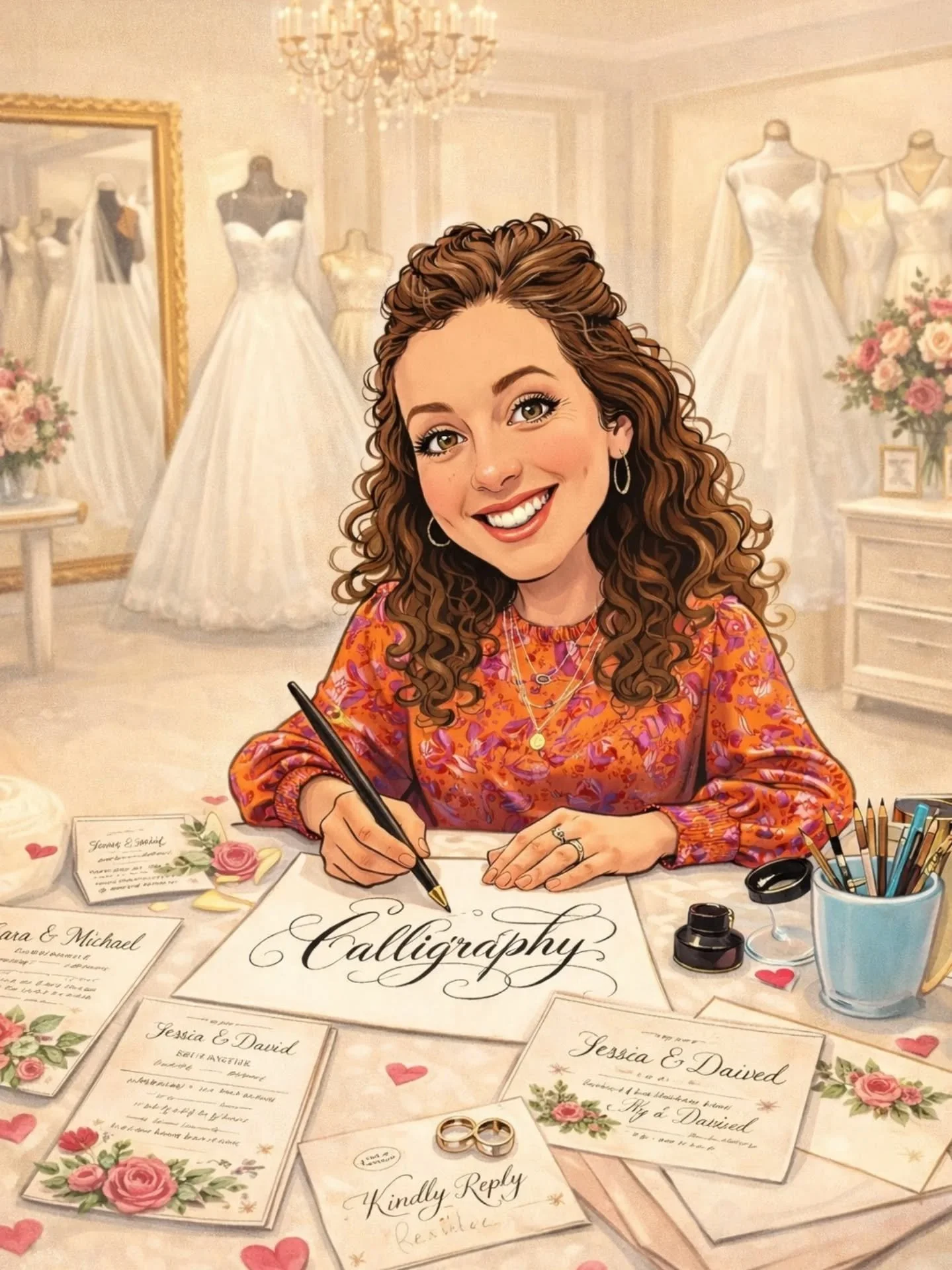 Haha, doesn't look like me, but I still love it 😄 calligraphy, invitations, weddings 💒💍✍️ 
{ChatGPT trends}

#jennifercalligrapher #caricature #weddingcalligraphy #trends