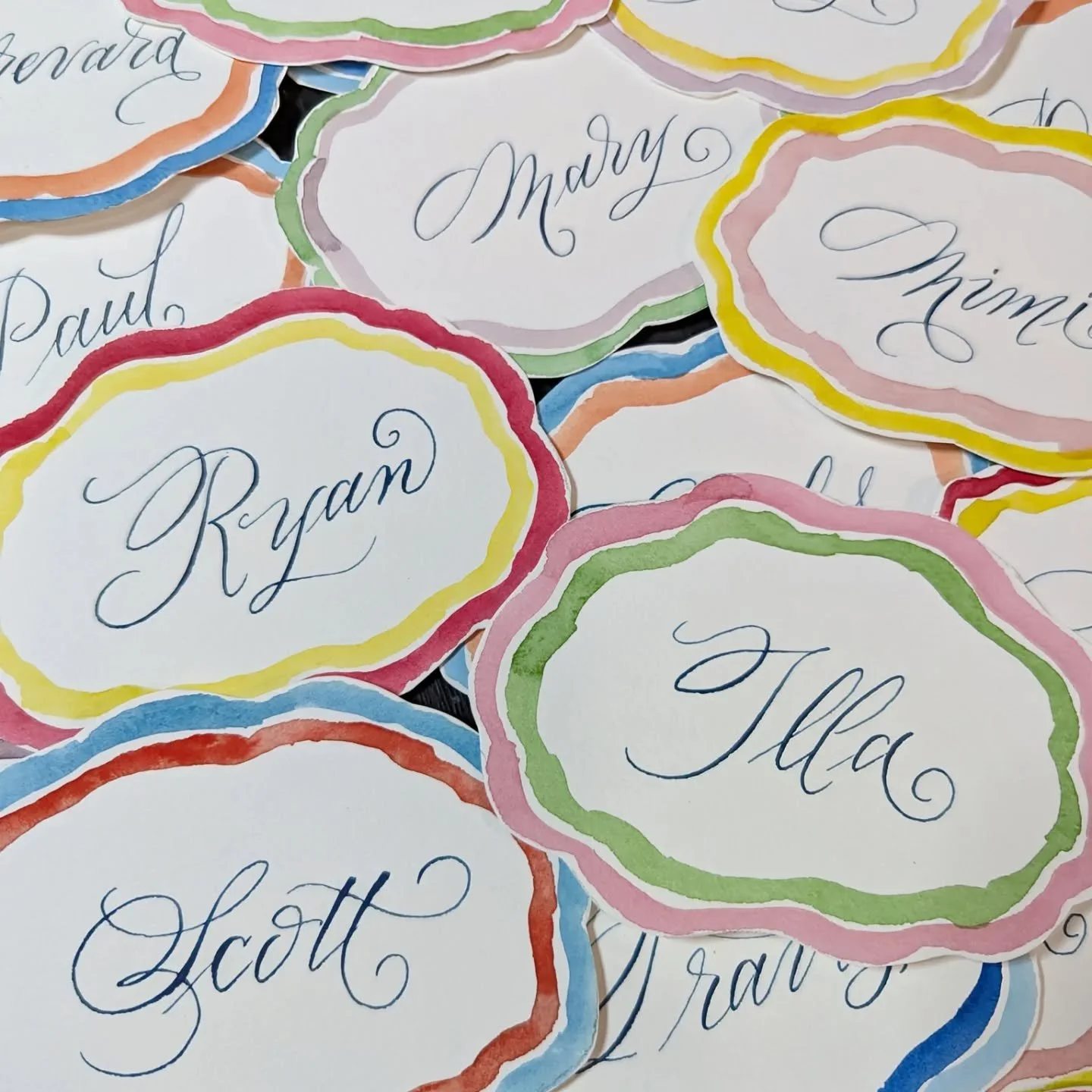 The most fun place cards! 
❤️💛🩷🩵💚🧡
Loved creating these.

#jennifercalligrapher #tabletop #placecards #parties #calligraphy