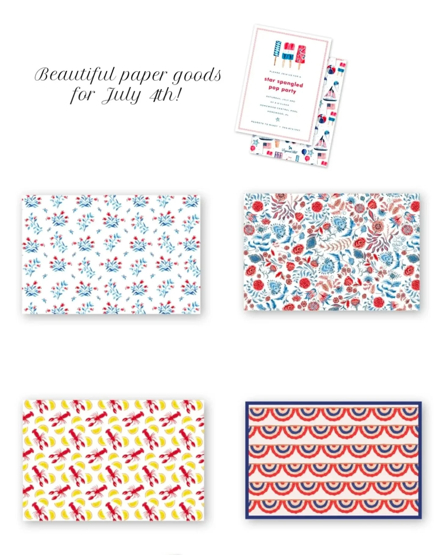 Dogwood Hill has the most lovely pieces for all your 4th of July events! The paper placemats are high quality and so fun. Loving the beautiful artistic invitations and party tags! There are matching pieces too.
What would you like to order? Message m