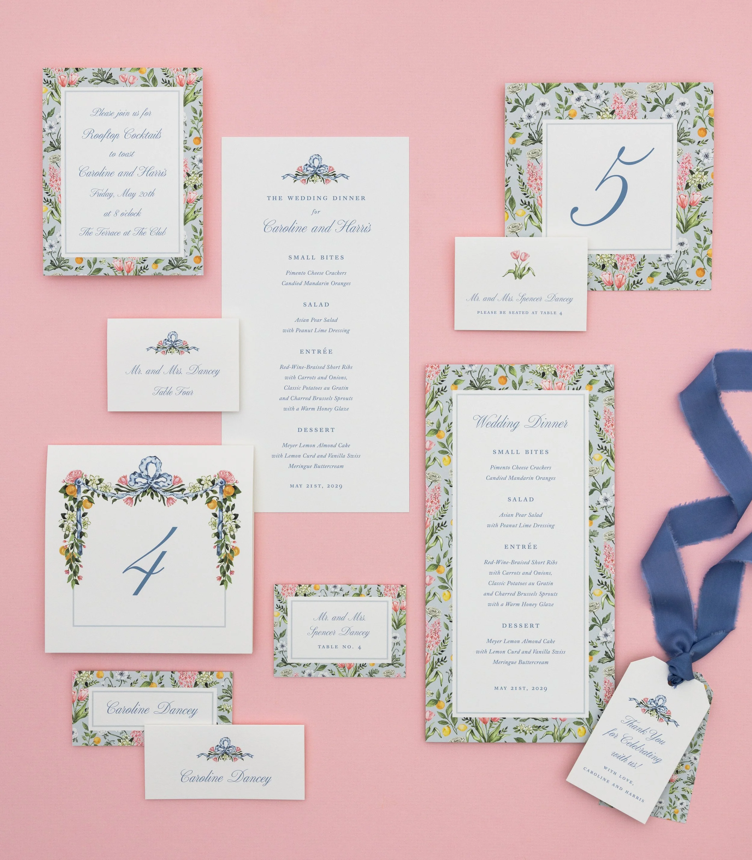 Day of Wedding paper goods, wedding menu, place cards, waco tx