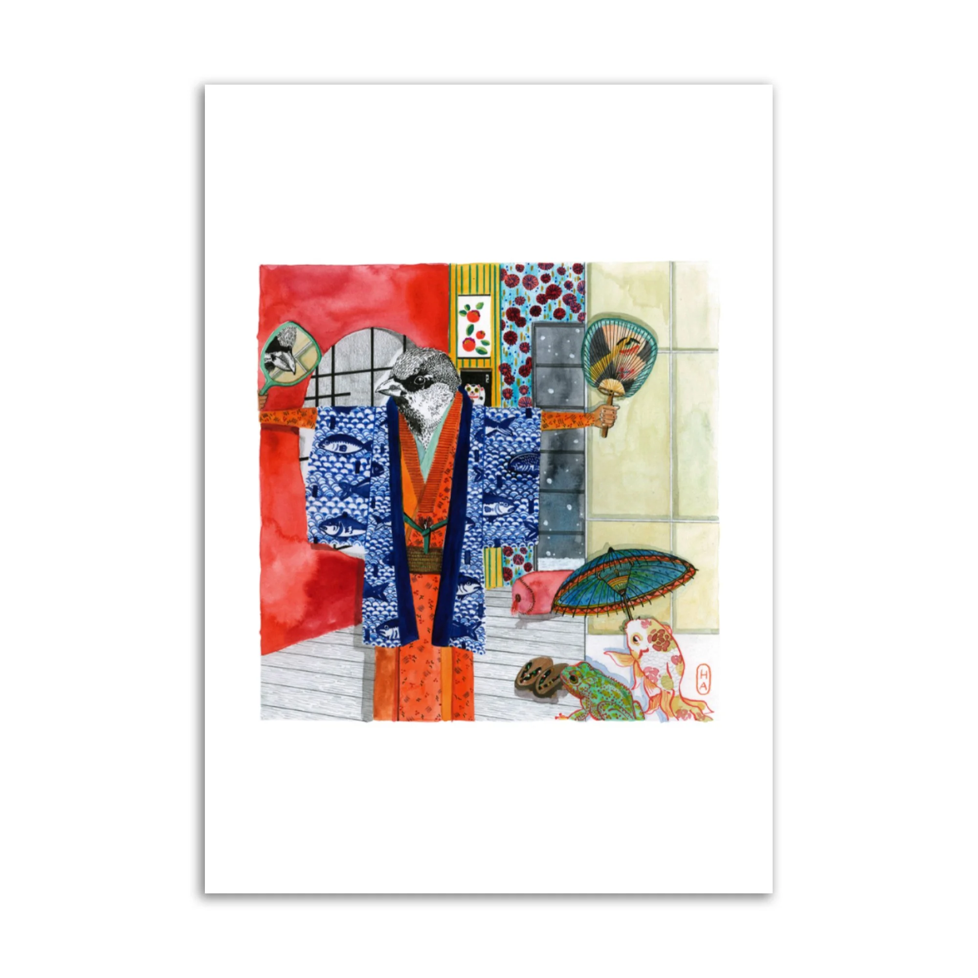 Sparrow kimono, A3 Giclee print by Henriette