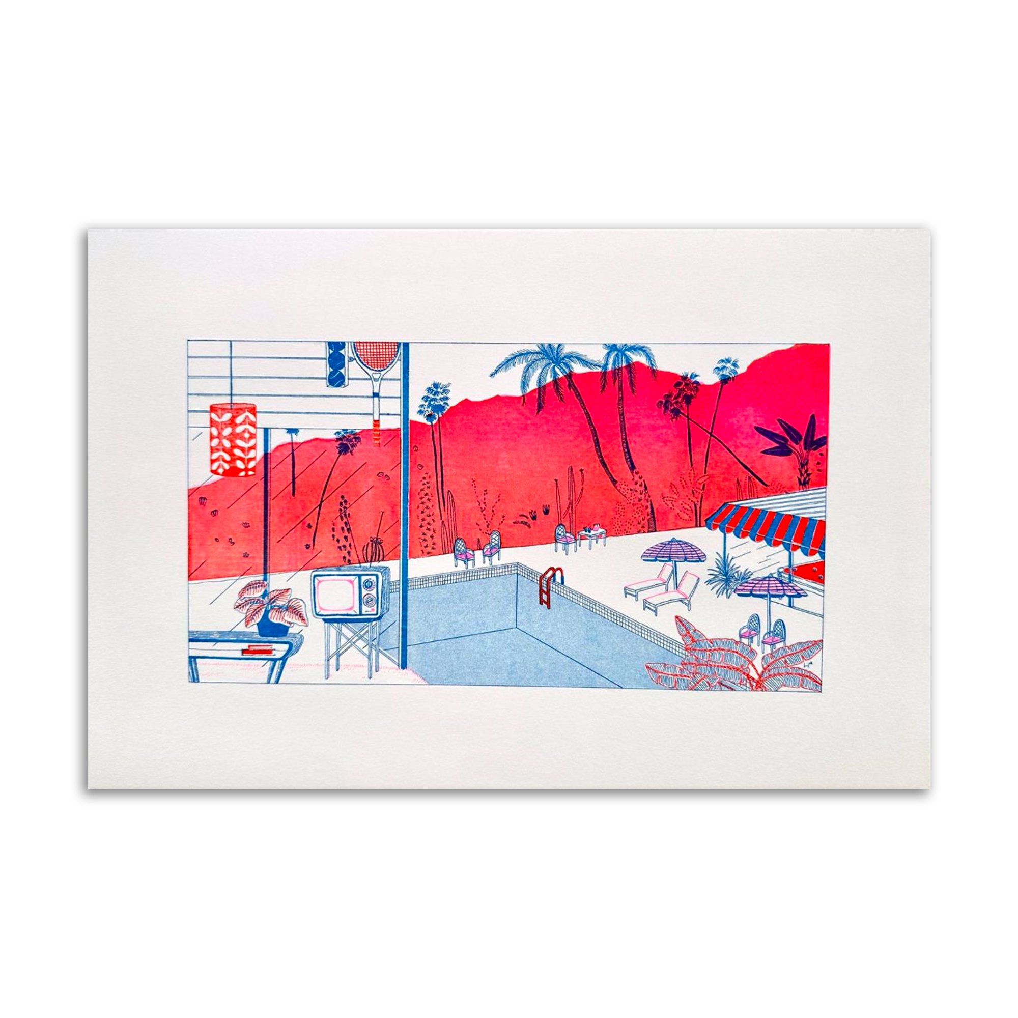 Red, pink and blue sunset, A4 risograph print by Henriette