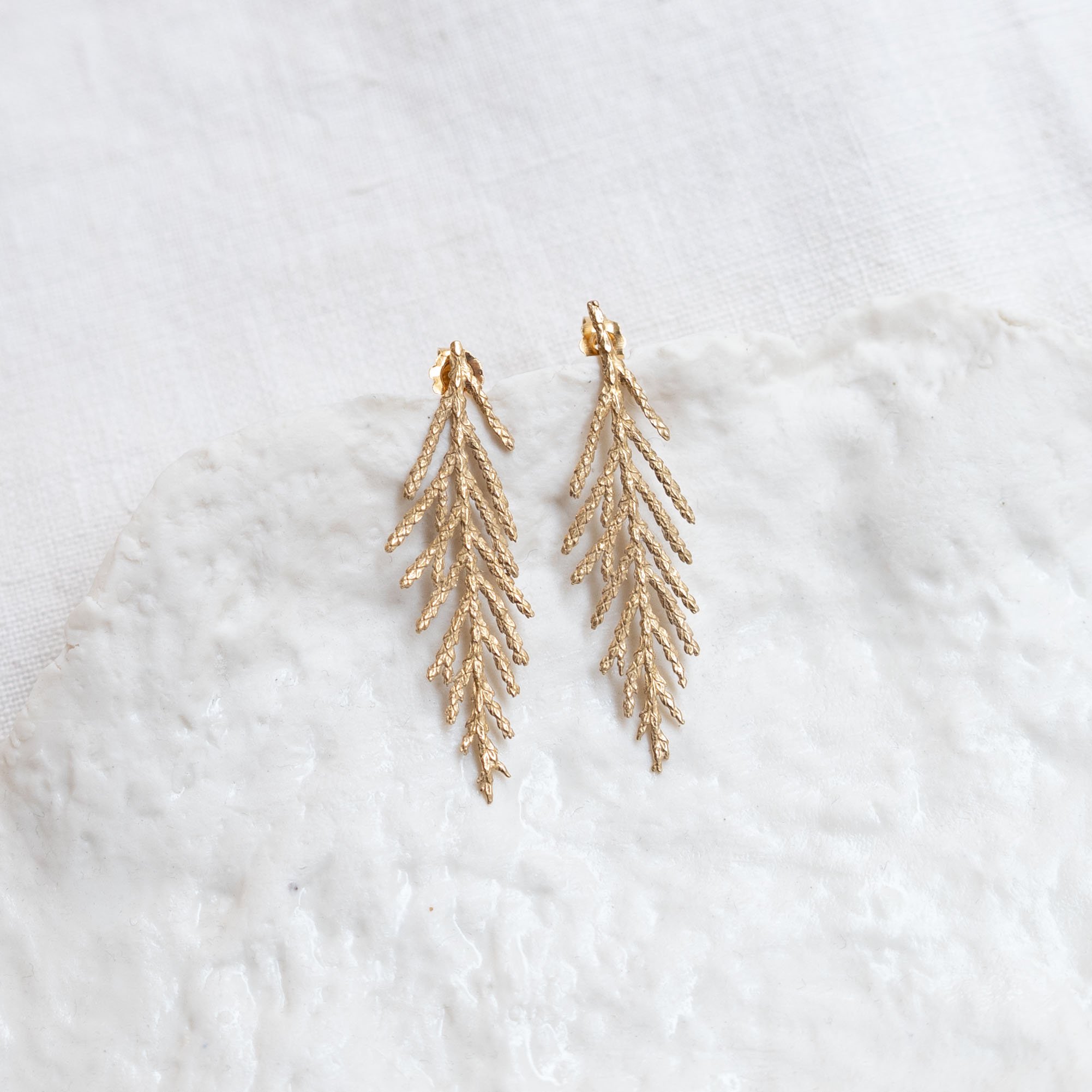 Gold plated silver, Cedar leaf earrings by Amuleto