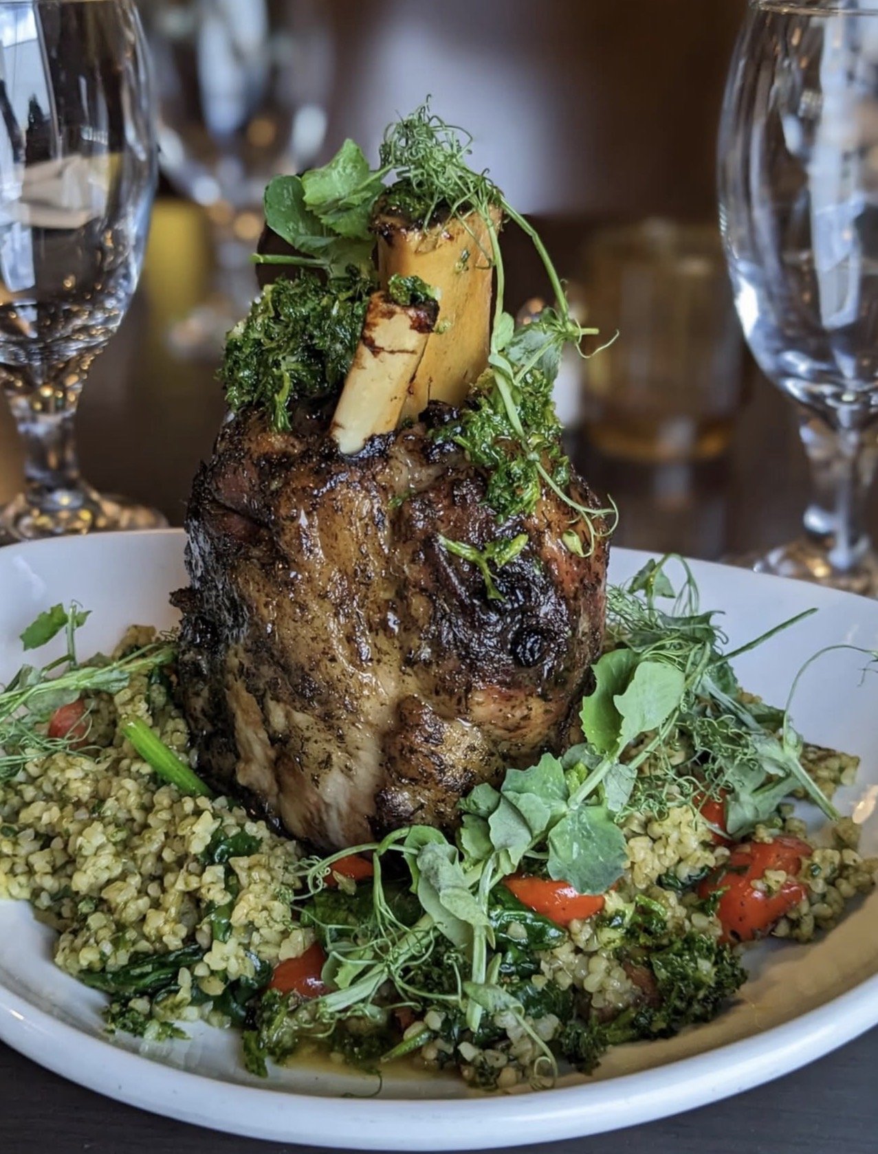 Pork osso buco featured on the spring dinner menu at Bistro 19 in Mt. Lebanon, a seasonal Pittsburgh area restaurant.