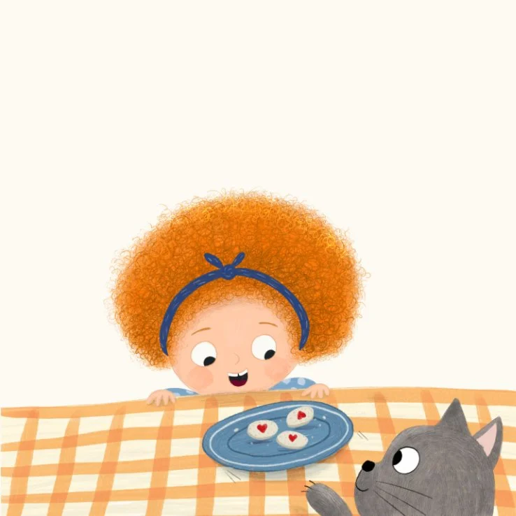Cat helps little girl reach some biscuits