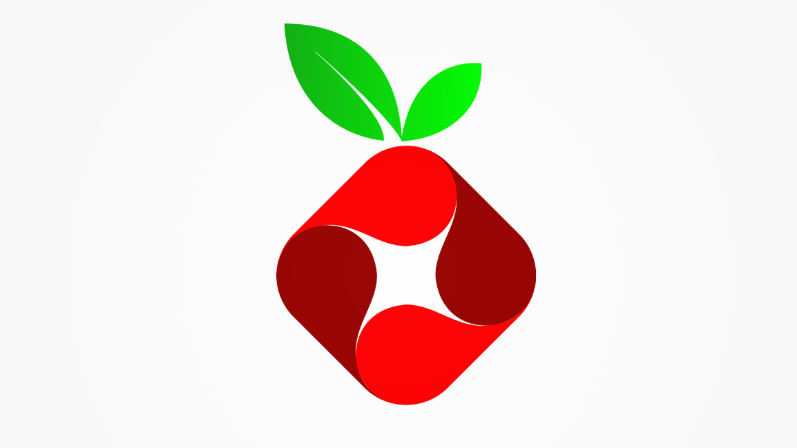 Grafische Darstellung eines roten, gemusterten, abstrakten Frucht- oder Pflanzenmotivs mit zwei grünen Blättern oben.