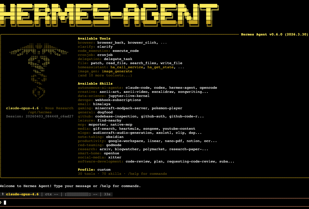 Ein Bildschirm zeigt den Text "HERME'S-AGENT", eine ASCII-Grafik eines Organs und eine Liste von verfügbaren Werkzeugen und Fähigkeiten des Hermes Agenten in einem Terminal-Interface auf schwarzem Hintergrund mit gelber Schrift.