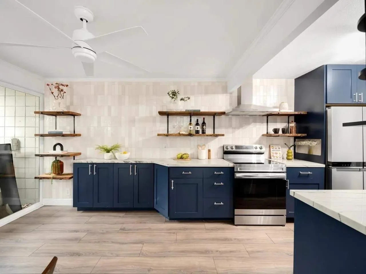 Tile backsplash, New cabinets, Floating shelves, Kitchen renovation
