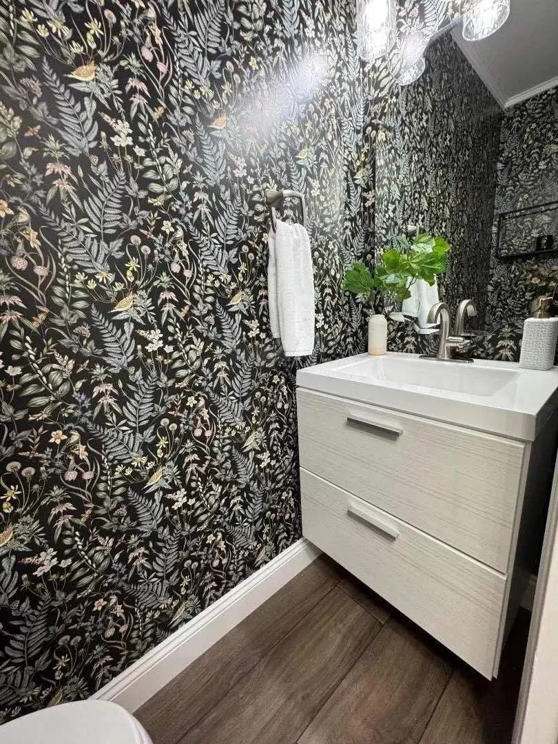 floating cabinet, Luxury Vinyl Plank flooring, LVP, new trim, new baseboards