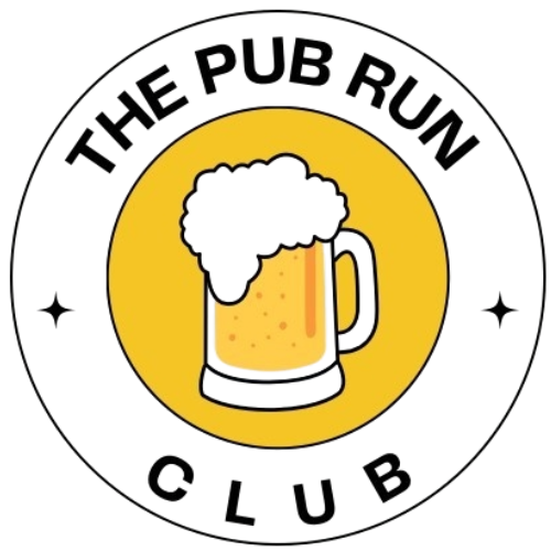 A logo for The Pub Run Club featuring a cartoon frothy beer mug in the center, with black text around the top and bottom of a white circle background.