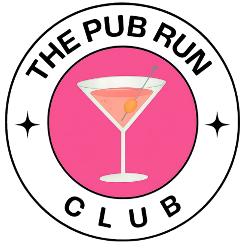 Logo for The Pub Run Club featuring a pink cocktail glass with an olive and a toothpick, surrounded by black stars and text.