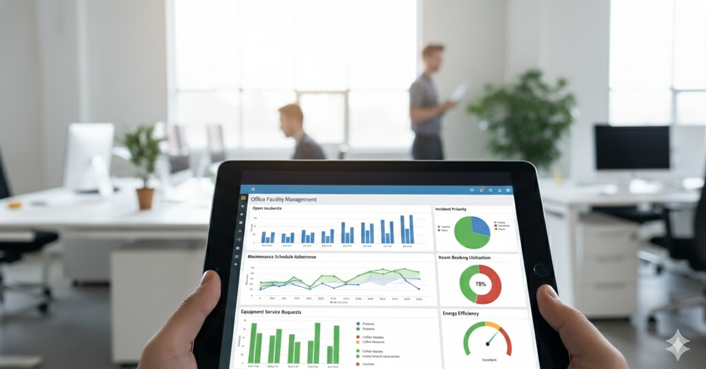 Person holding a tablet displaying office management dashboards in a modern office with two employees working in the background.