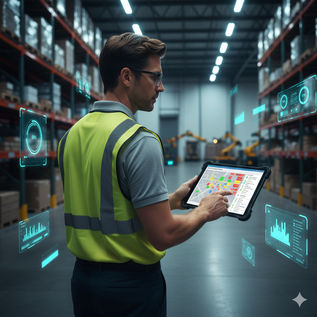 An SBD.Services employee wearing glasses and a yellow safety vest uses a tablet to monitor warehouse inventory, with holographic data and charts floating around him.