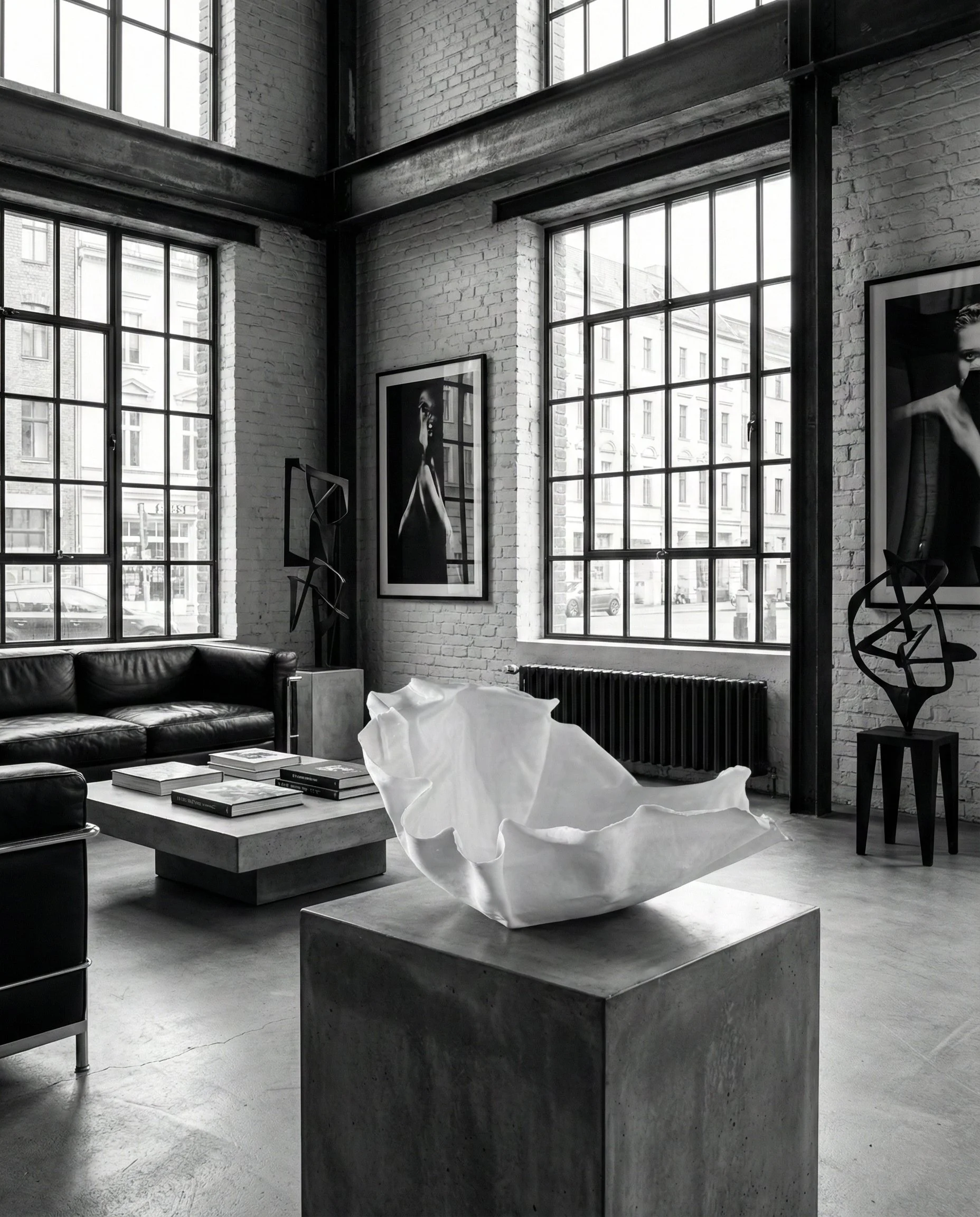 Modern black-and-white art gallery or showroom with large windows, brick walls, and various sculptures and photographs, including a white abstract sculpture on a pedestal in the center, black leather sofa, and framed photographs of women.