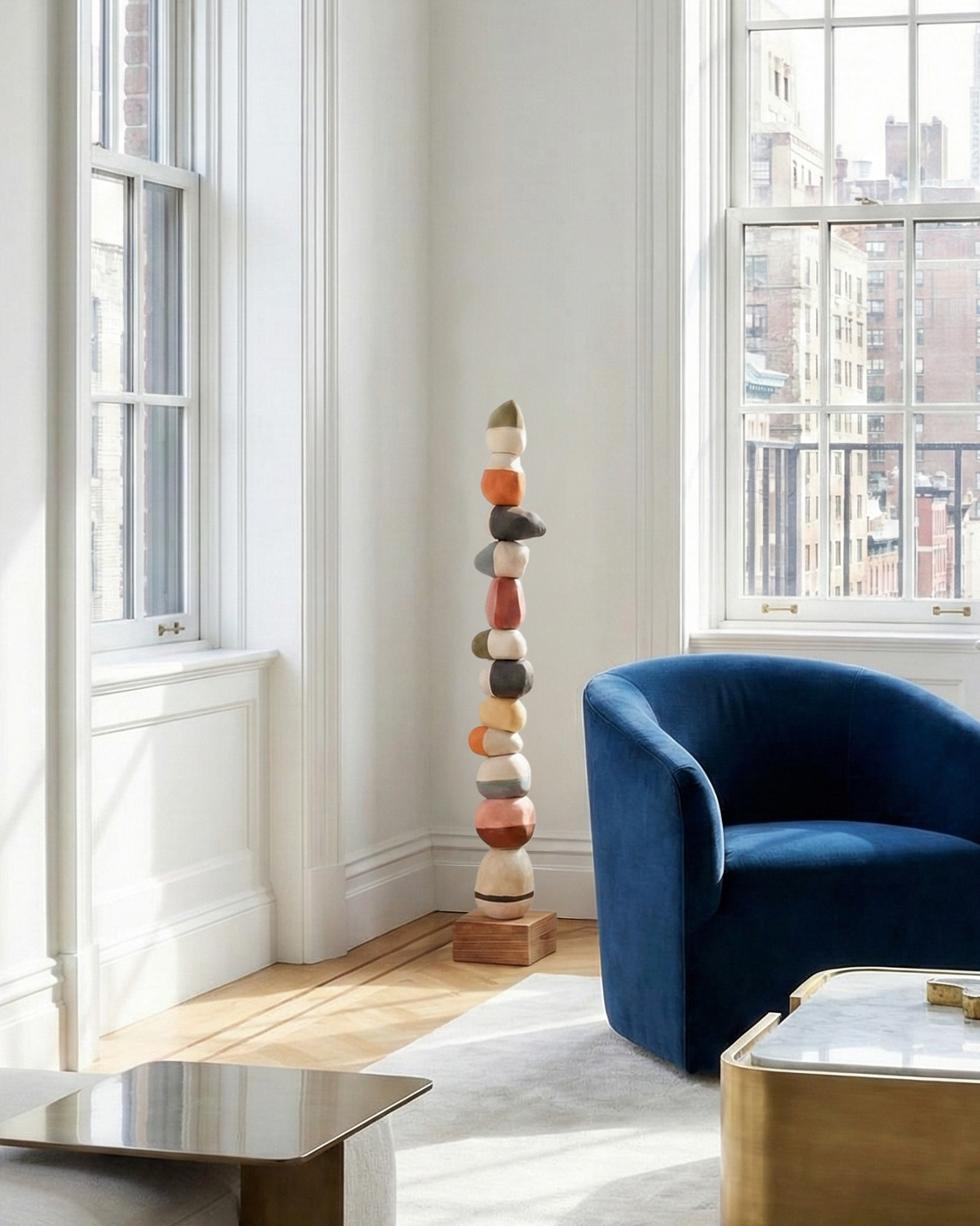 A tall sculpture made of stacked, smooth, multicolored stones in a bright living room with large windows, a blue armchair, a marble-top coffee table, and hardwood floors.