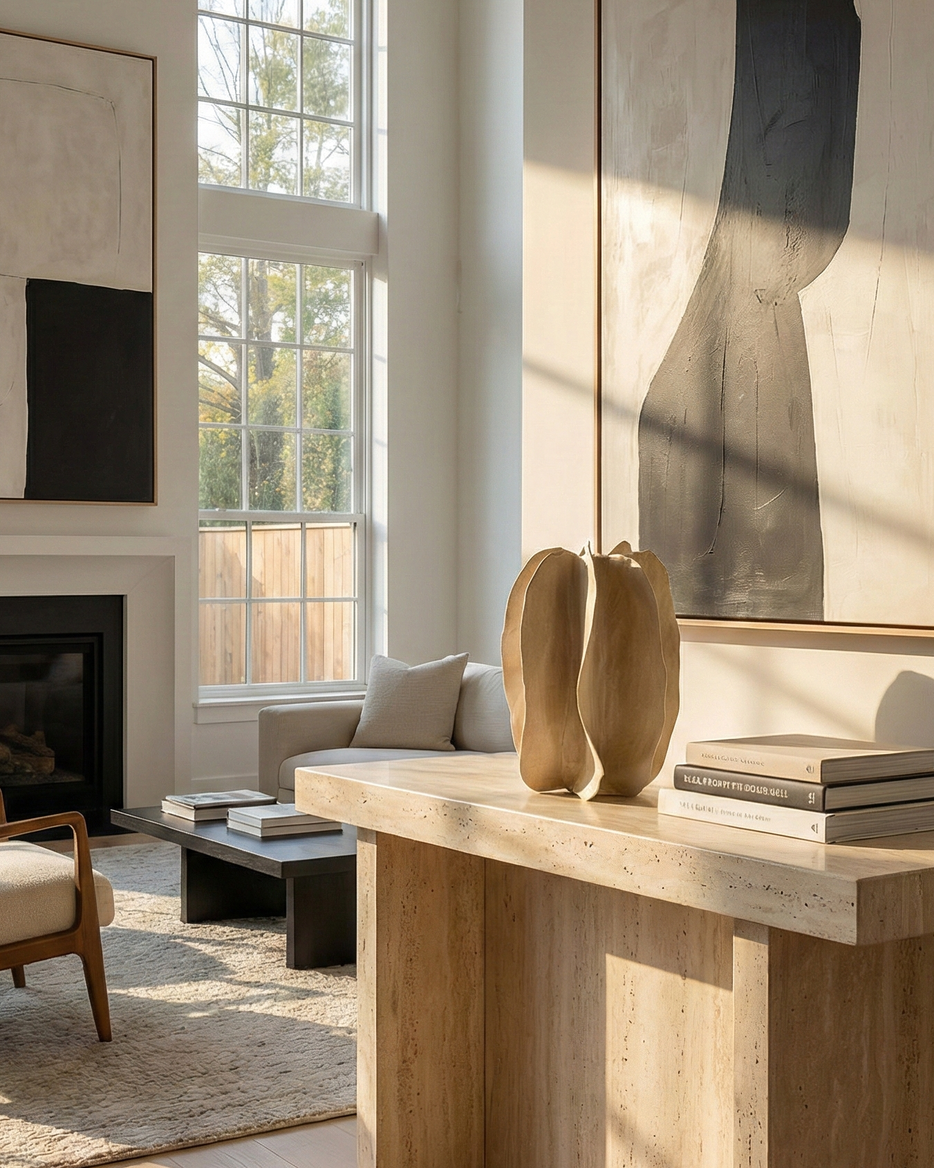 modern luxury, abstract organic ceramic sculpture that subtly changes with the light.