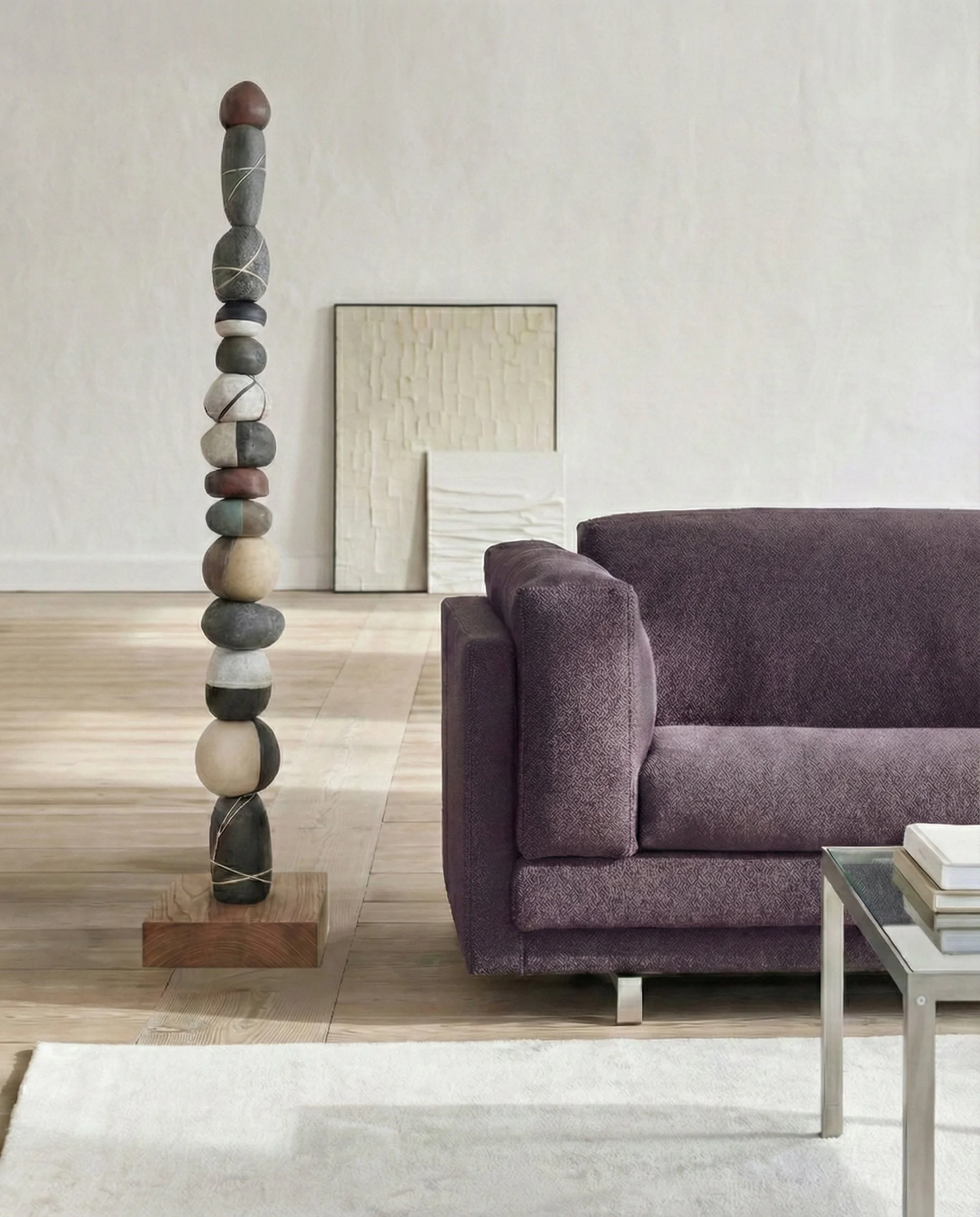 Living room with a purple sofa, a glass coffee table with books, a stone and wood decorative pillar, and abstract wall art in the background.