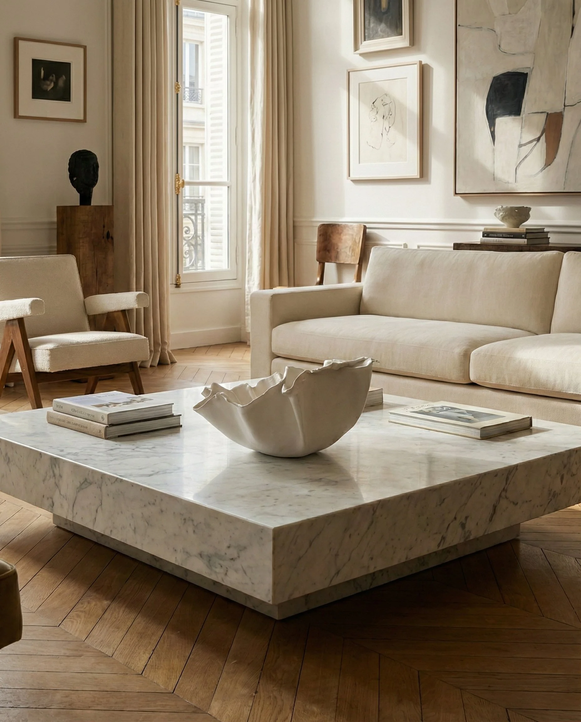 Living room with cream sofa, armchair, stone coffee table with sculpture, and art on the walls, near windows with curtains.