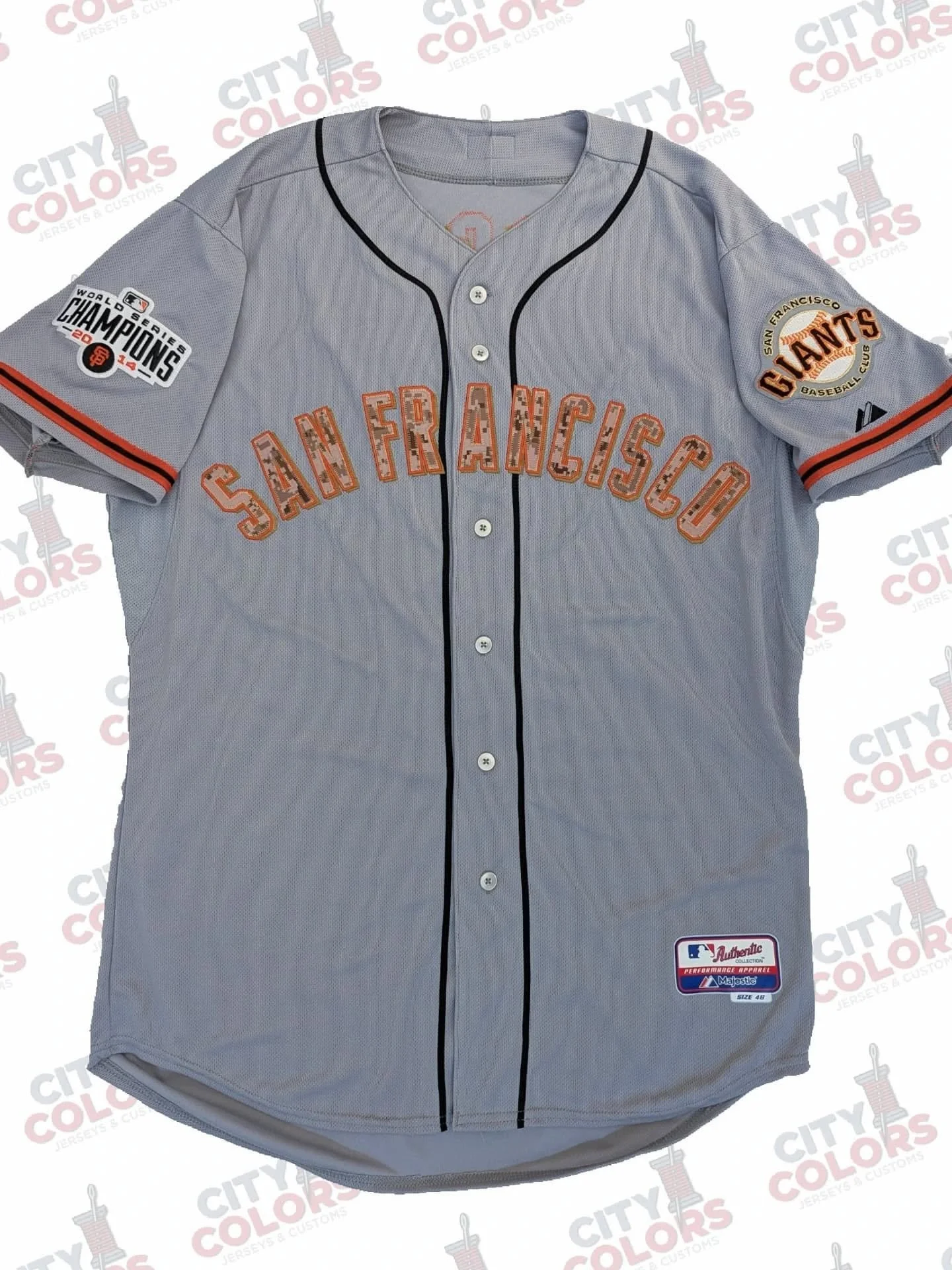 2015 Memorial Day San Francisco Giants jersey customized as Giants icon, catcher Buster Posey. The jersey is a Majestic Cool Base authentic and has been customized with a 3-layer lettering kit from @customize_sports with a sublimated digital camo pat
