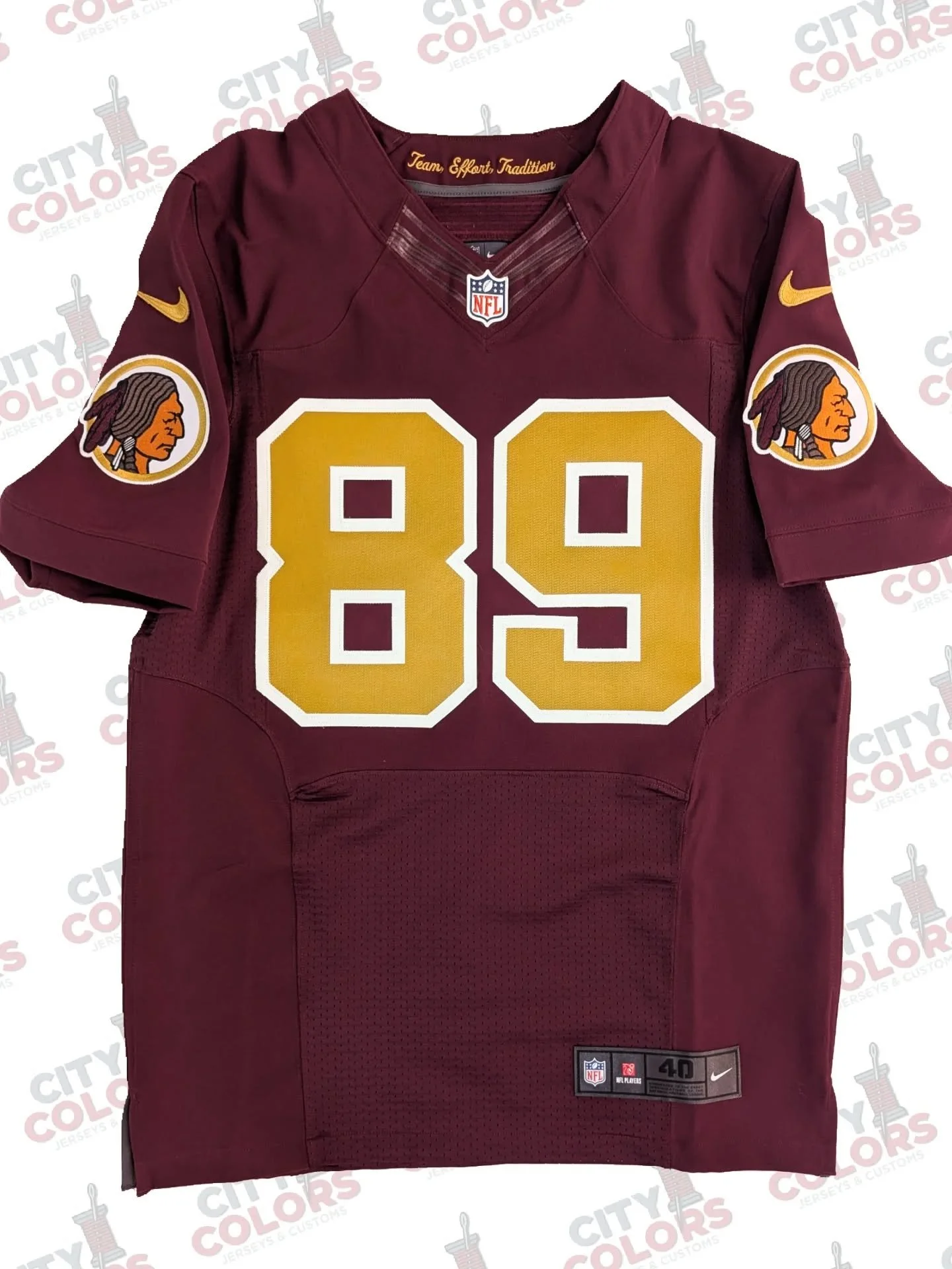 Washington Redskins authentic jersey customized this week as wide receiver Santana Moss. This throwback Redskins uniform was worn by the team from 2012-2019. Darker than their standard burgundy, this jersey features the original logo on the sleeves.