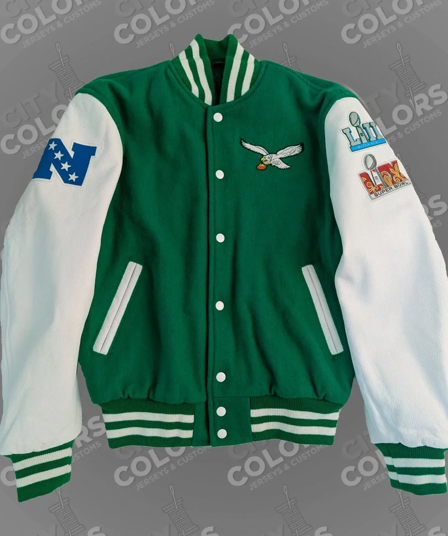 Recently completed another wool &amp; leather varsity jacket in the Philadelphia Eagles throwback colorway. Now that YOUR Philadelphia Eagles are MULTIPLE time Super Bowl winners, I needed to make a jacket commemorating those wins by stacking patches