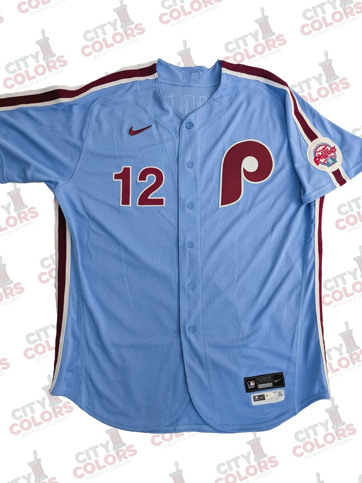 Recently rolled off the workbench is a Nike team-issued Phillies powder blue that I customized as a Kyle Schwarber jersey to on-field specs. 

Over the last four seasons, Schwarber's steady demeanor and devastating swing have made him one of the most