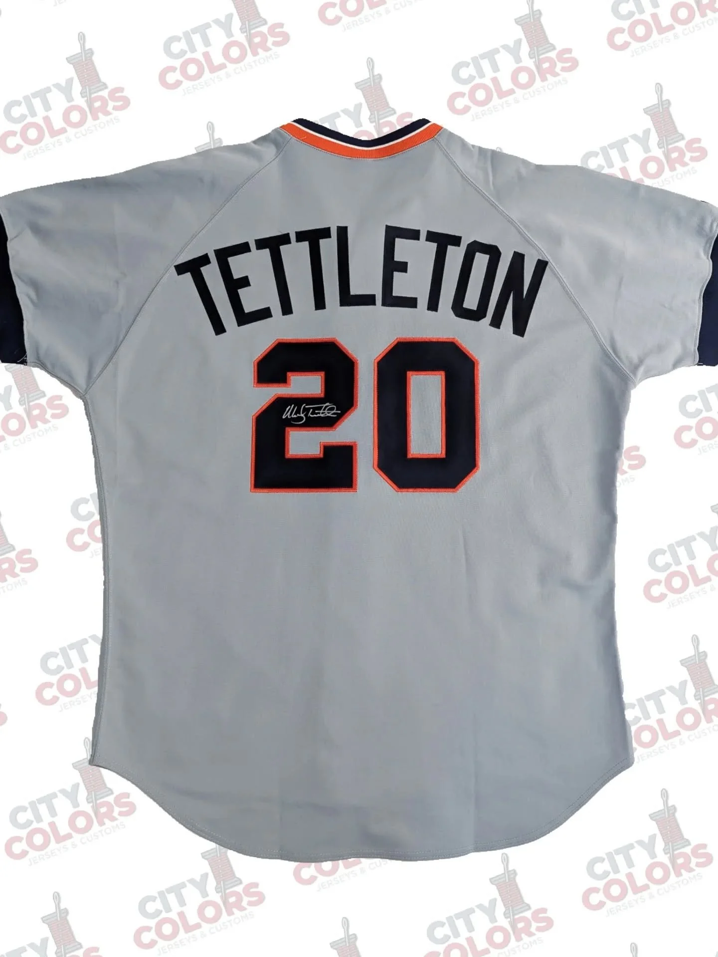 This is a Russell Diamond Authentic Detroit Tigers road jersey that was sent in for customization as power-hitting catcher Mickey Tettleton, who played four seasons for the Tigs in the 90s. The lettering kit was made by Mark at @jerzykitz27 and was s