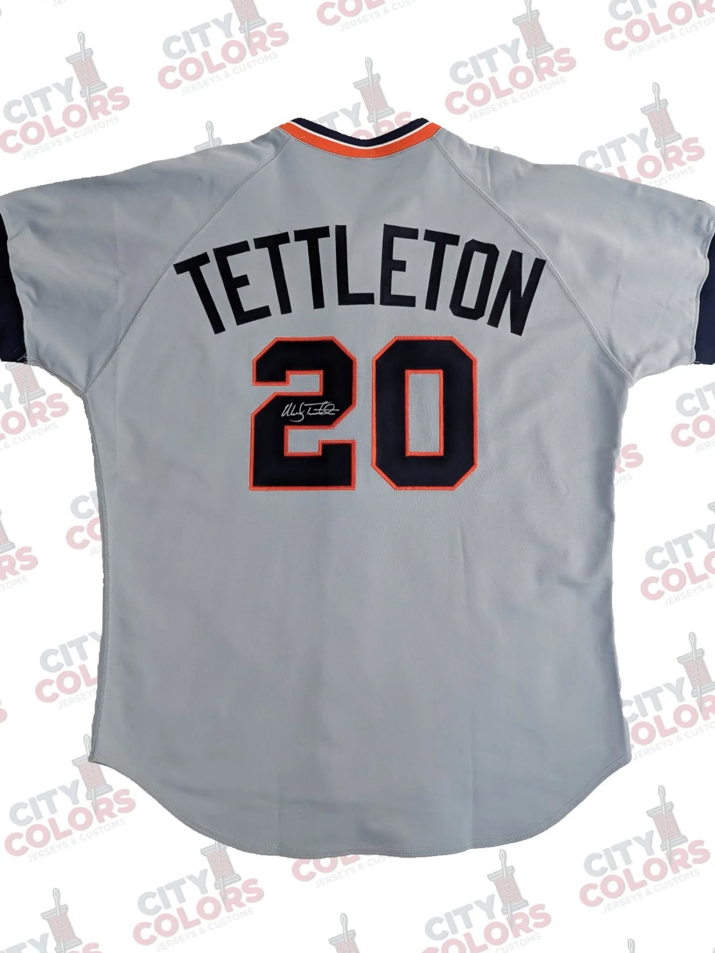 This is a Russell Diamond Authentic Detroit Tigers road jersey that was sent in for customization as power-hitting catcher Mickey Tettleton, who played four seasons for the Tigs in the 90s. The lettering kit was made by Mark at @jerzykitz27 and was s
